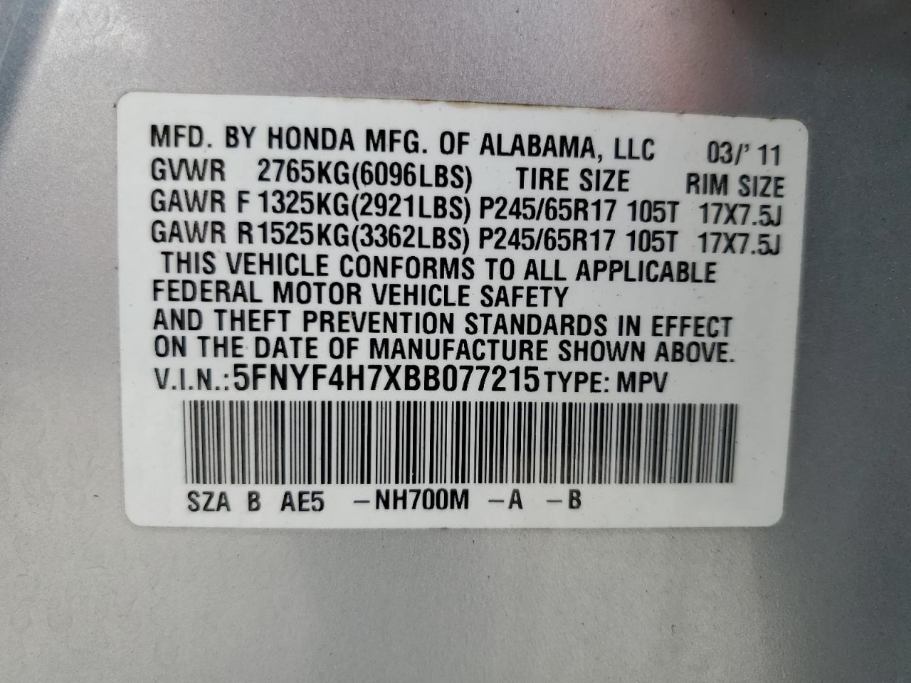 2011 Honda Pilot Exln VIN: 5FNYF4H7XBB077215 Lot: 47908434