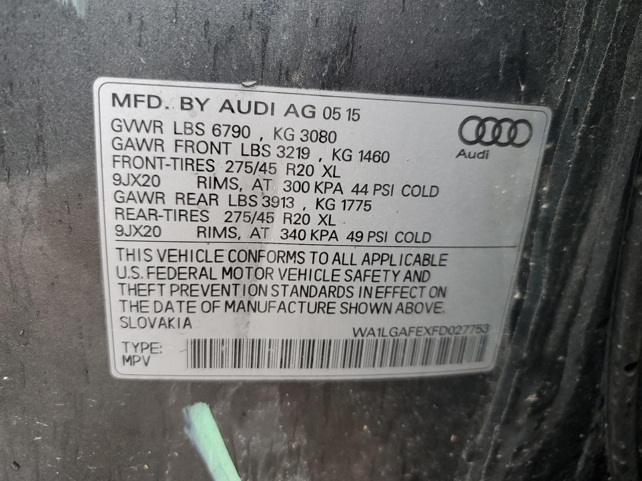 WA1LGAFEXFD027753 2015 Audi Q7 Premium Plus