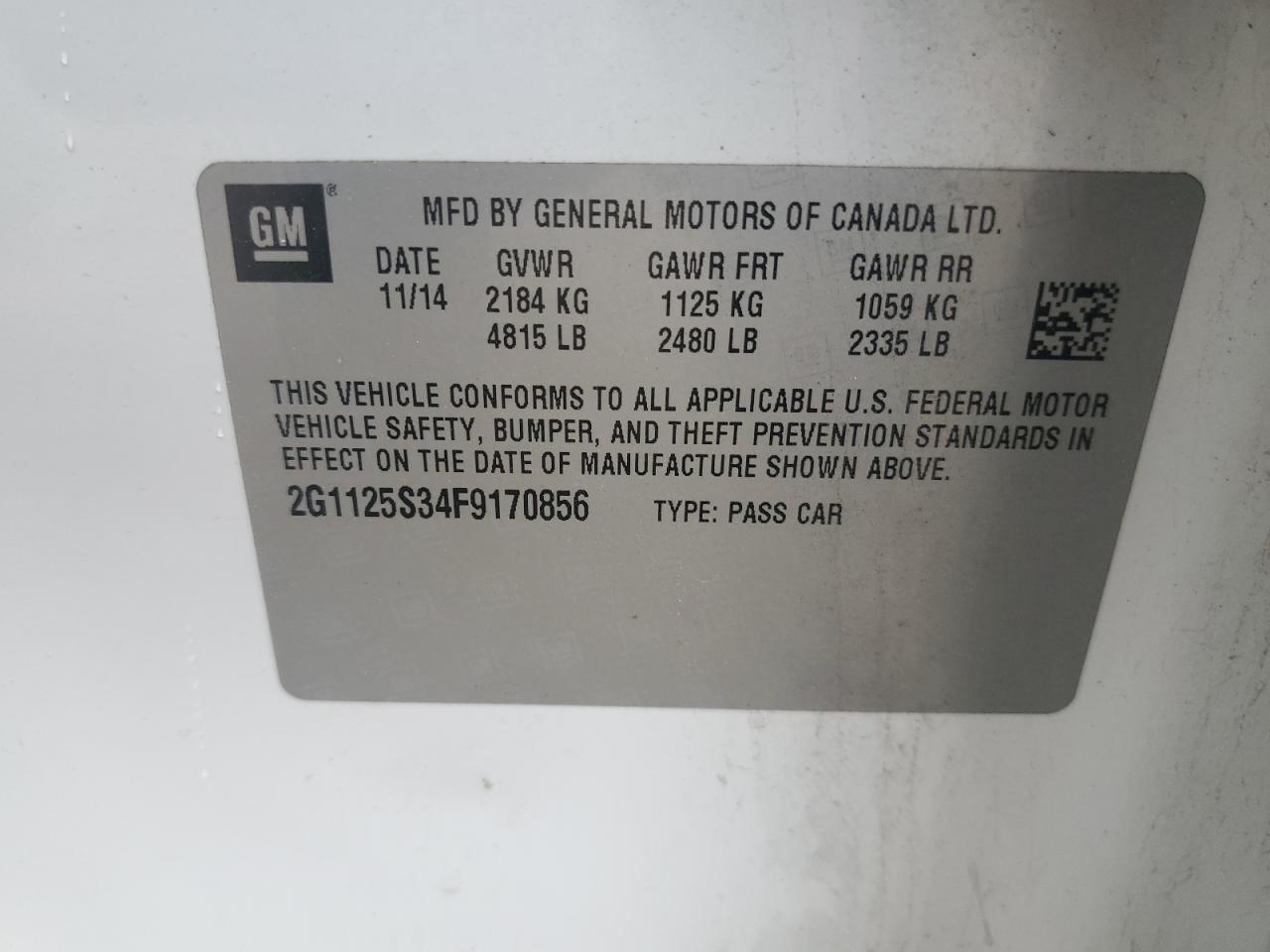 2015 Chevrolet Impala Lt VIN: 2G1125S34F9170856 Lot: 63618134