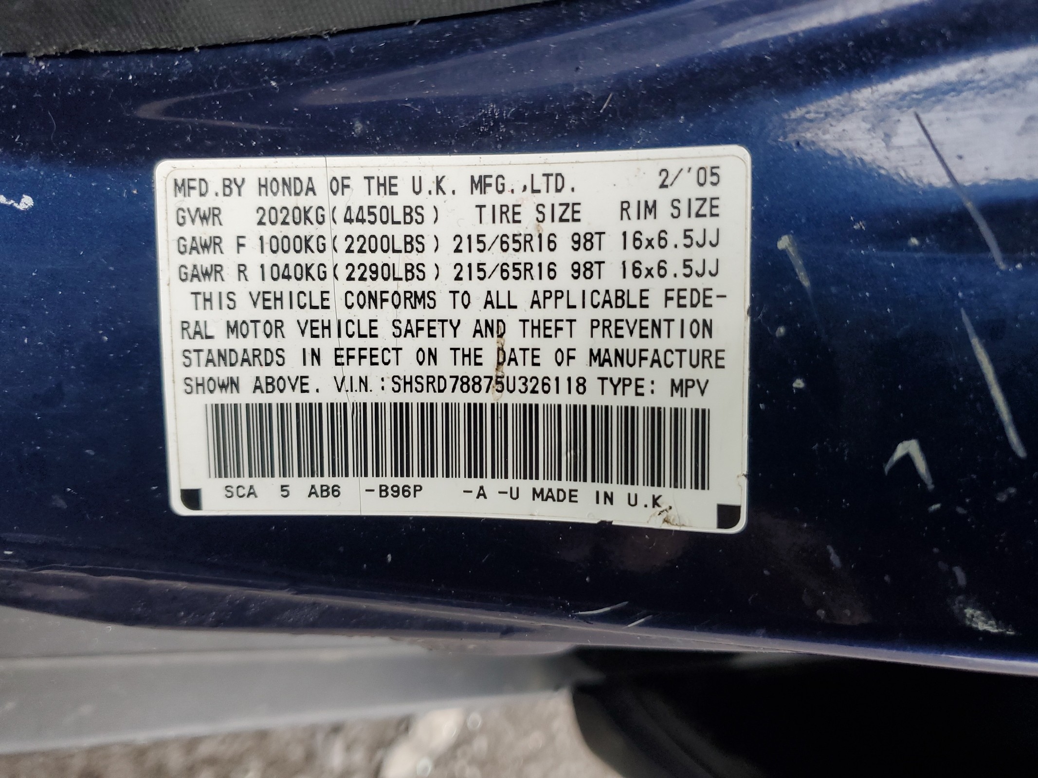 SHSRD78875U326118 2005 Honda Cr-V Ex