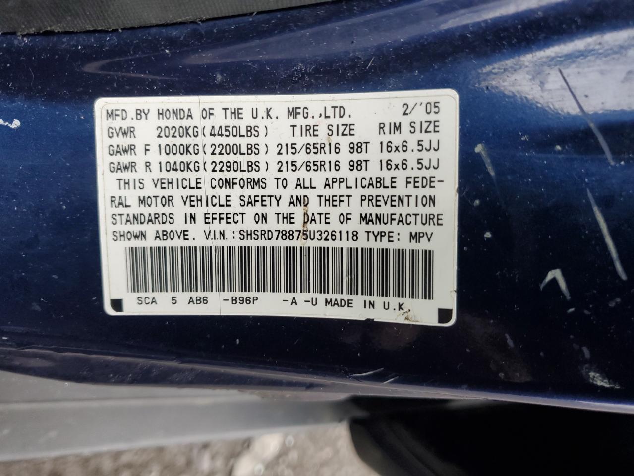 2005 Honda Cr-V Ex VIN: SHSRD78875U326118 Lot: 45603774