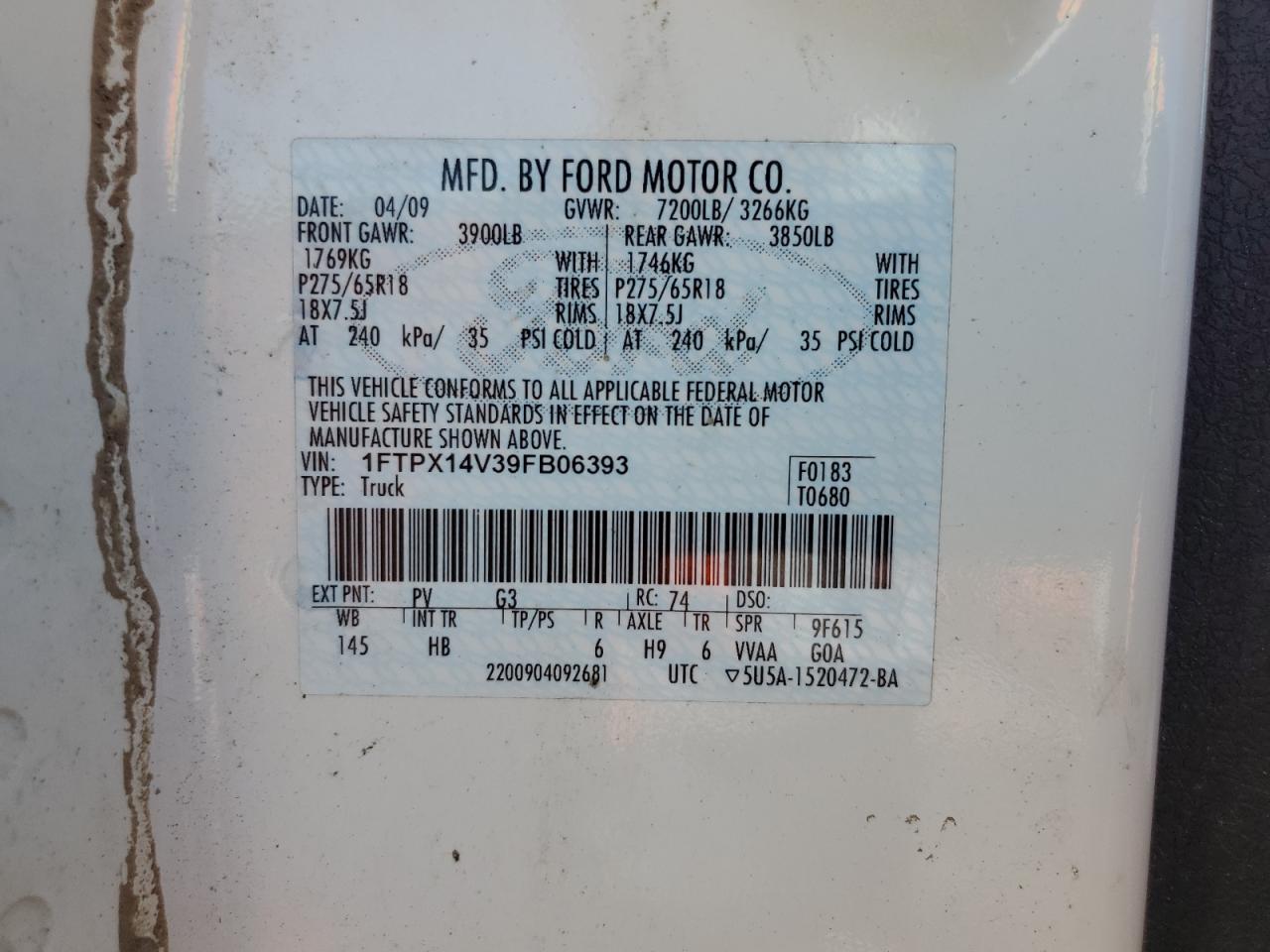 2009 Ford F150 Super Cab VIN: 1FTPX14V39FB06393 Lot: 55479144