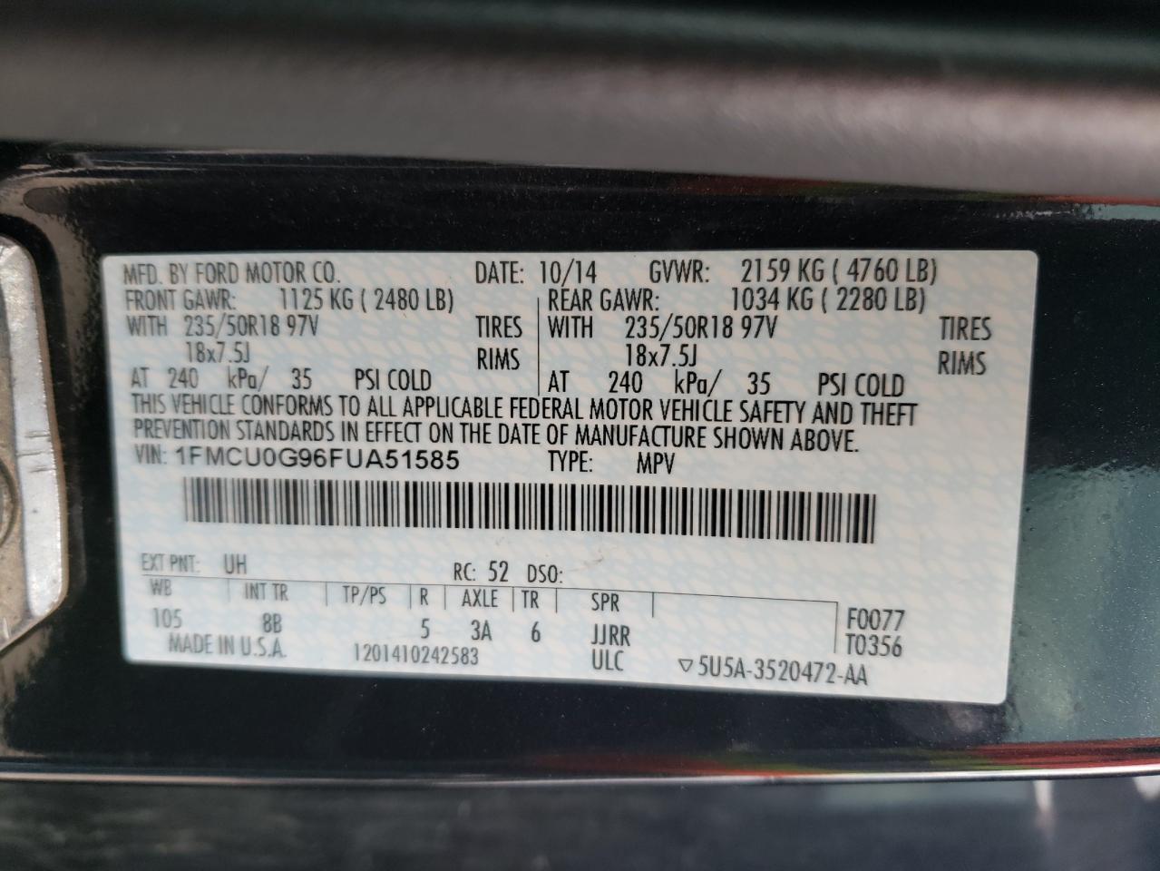 2015 Ford Escape Se VIN: 1FMCU0G96FUA51585 Lot: 46903274