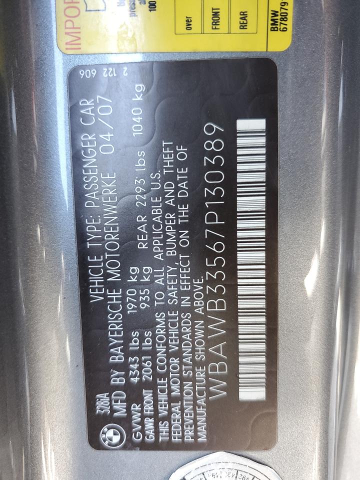 2007 BMW 328 I VIN: WBAWB33567P130389 Lot: 48528164
