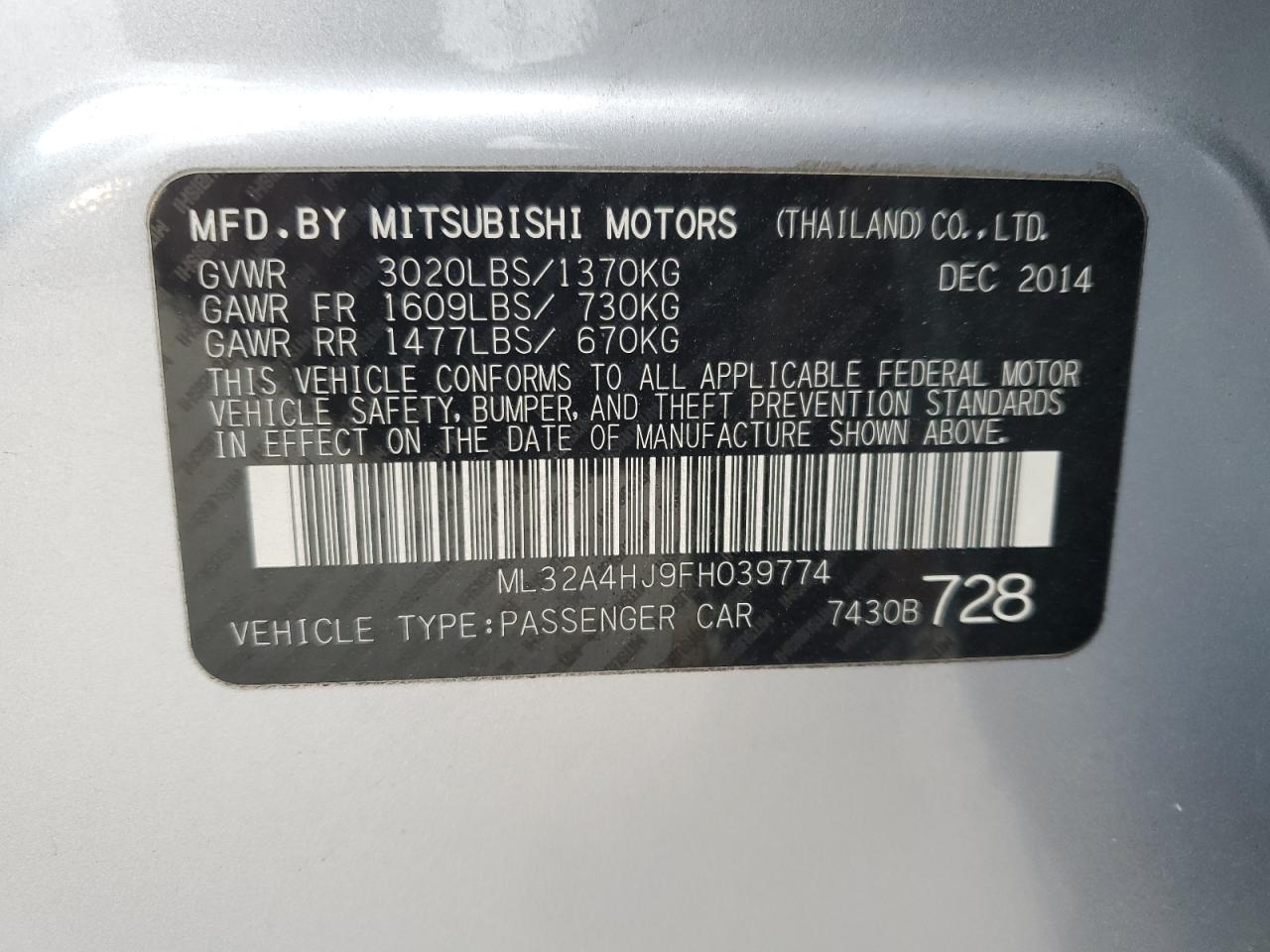 2015 Mitsubishi Mirage Es VIN: ML32A4HJ9FH039774 Lot: 45010474