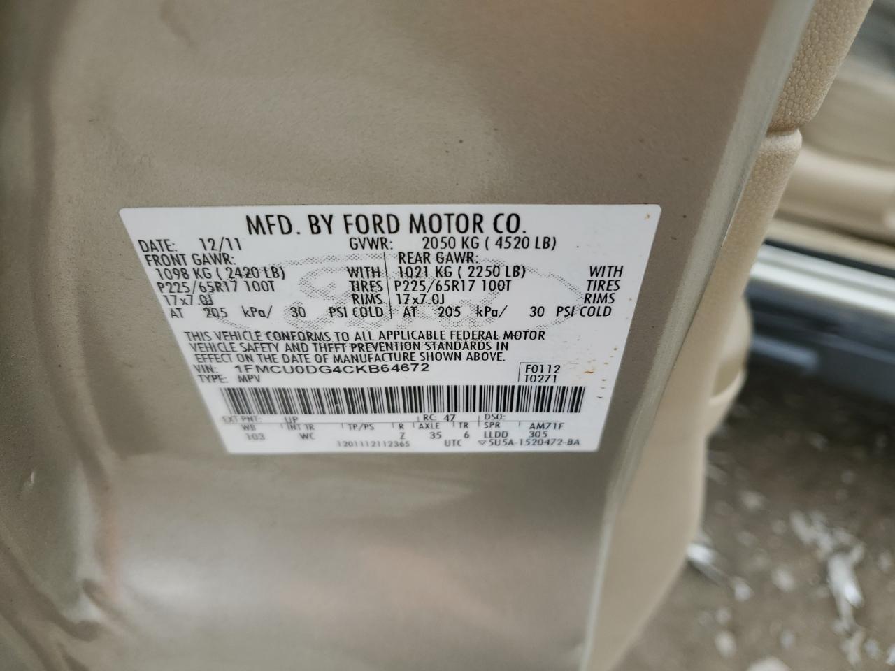 2012 Ford Escape Xlt VIN: 1FMCU0DG4CKB64672 Lot: 44288594