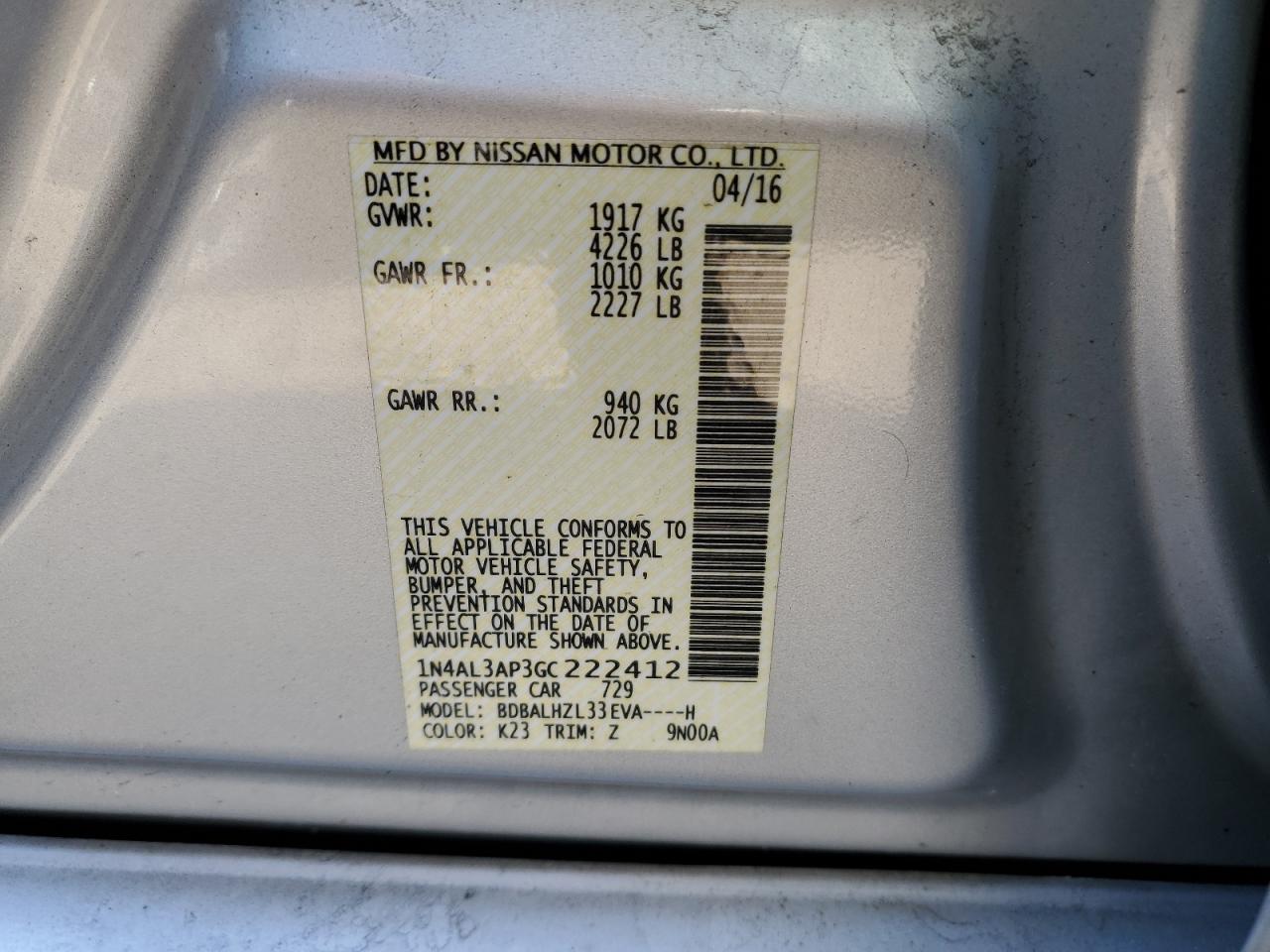 2016 Nissan Altima 2.5 VIN: 1N4AL3AP3GC222412 Lot: 69625944