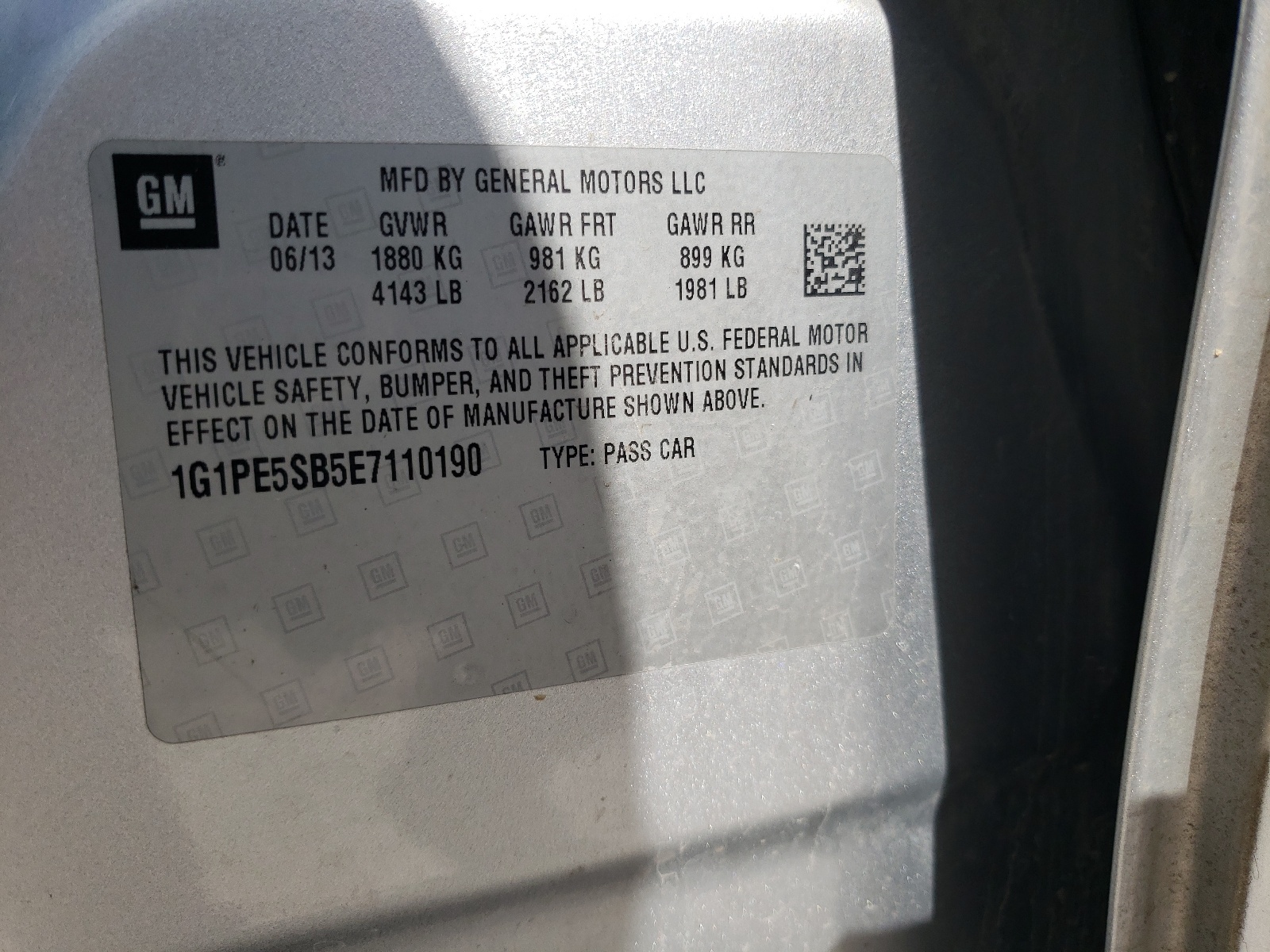 1G1PE5SB5E7110190 2014 Chevrolet Cruze Lt