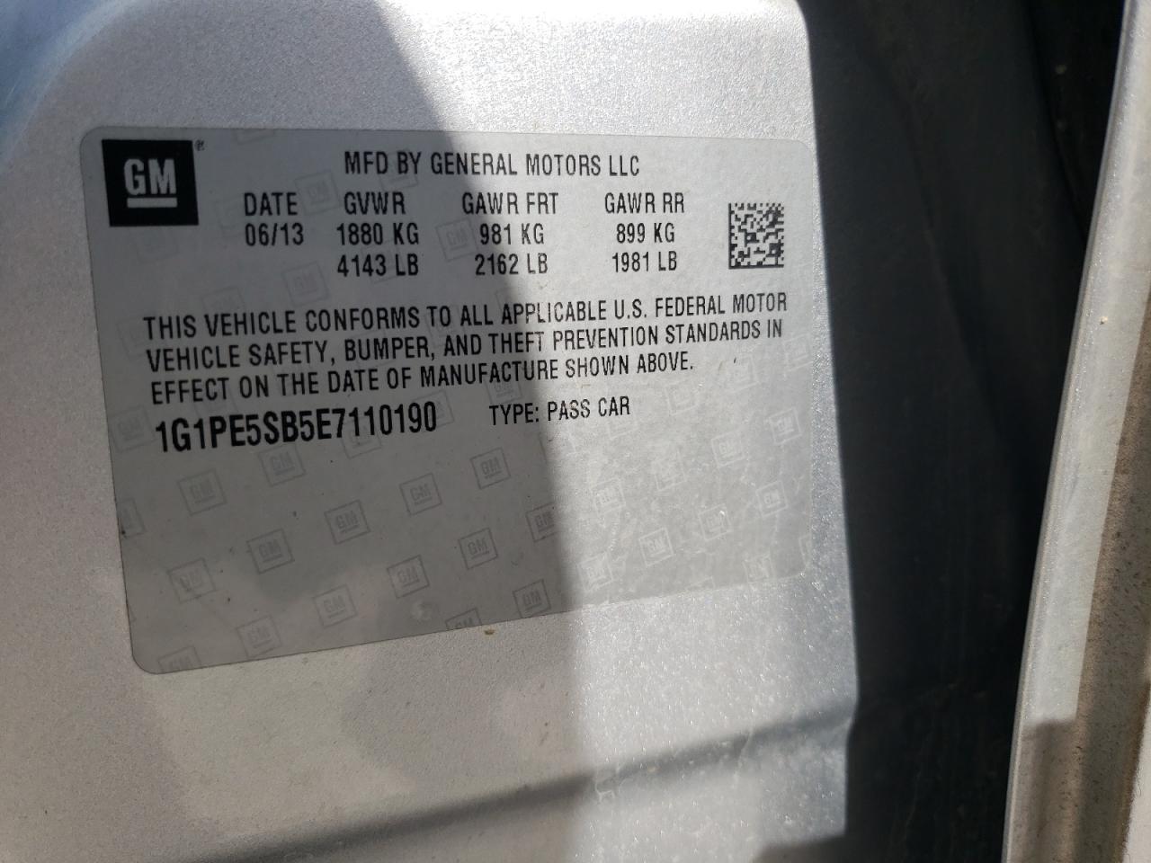 2014 Chevrolet Cruze Lt VIN: 1G1PE5SB5E7110190 Lot: 45733424