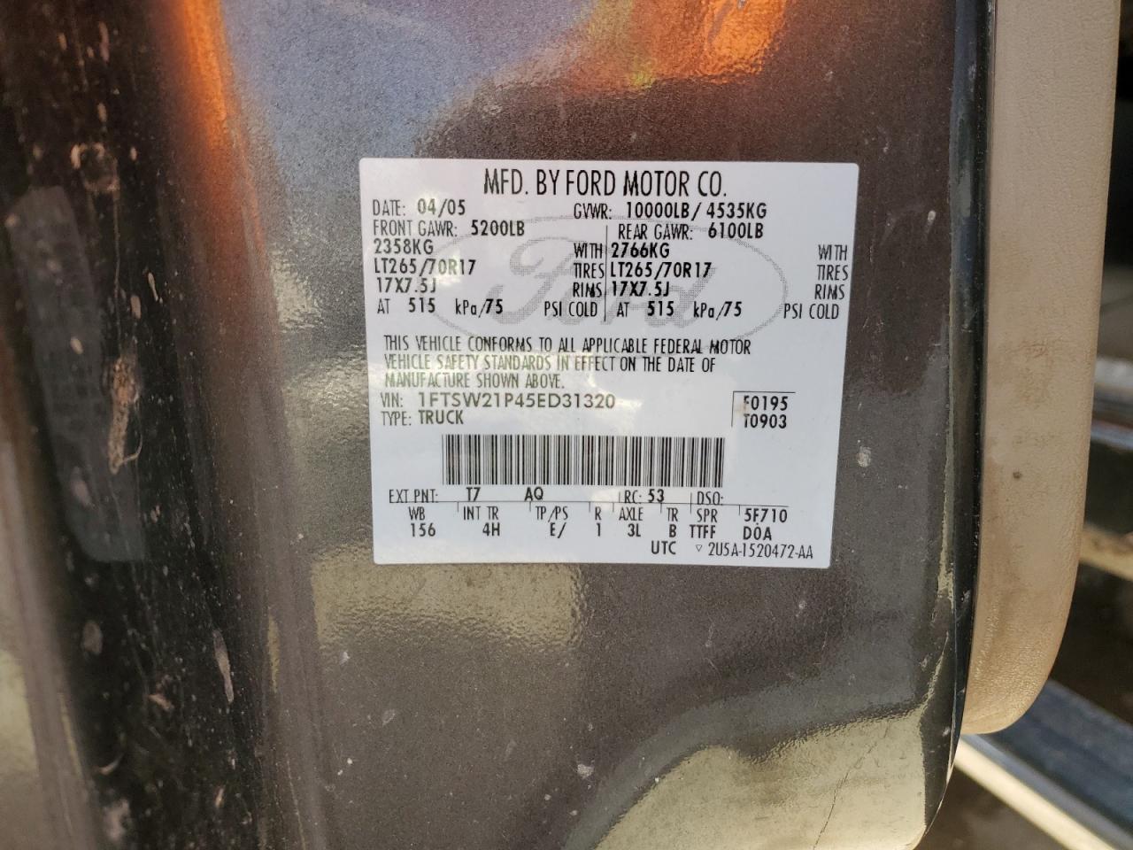 1FTSW21P45ED31320 2005 Ford F250 Super Duty