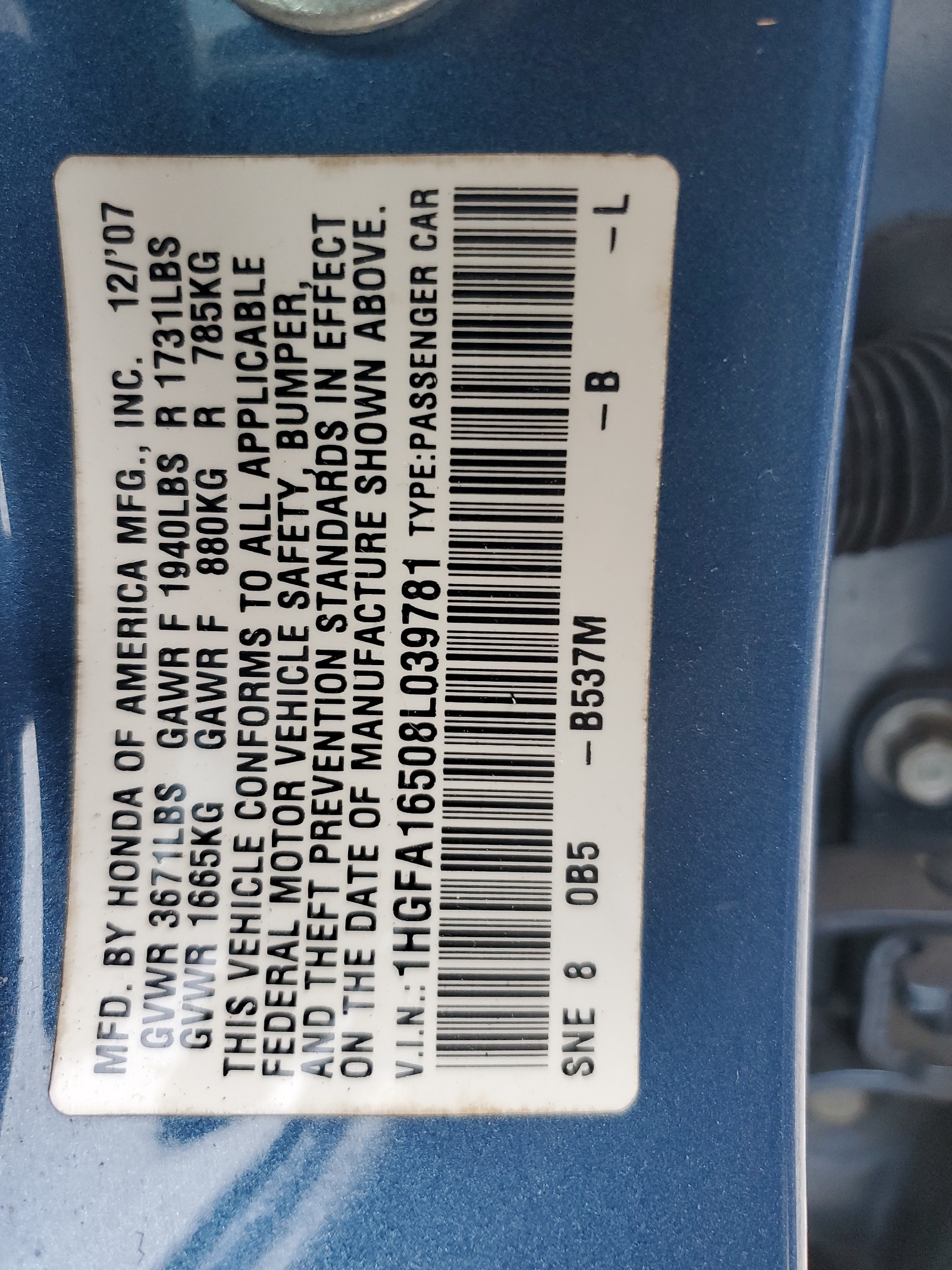 1HGFA16508L039781 2008 Honda Civic Lx