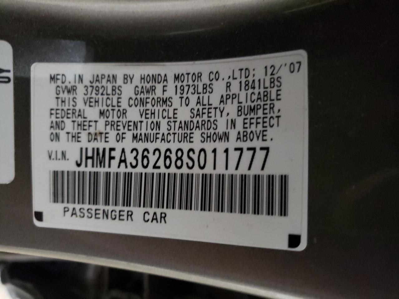 2008 Honda Civic Hybrid VIN: JHMFA36268S011777 Lot: 45015304