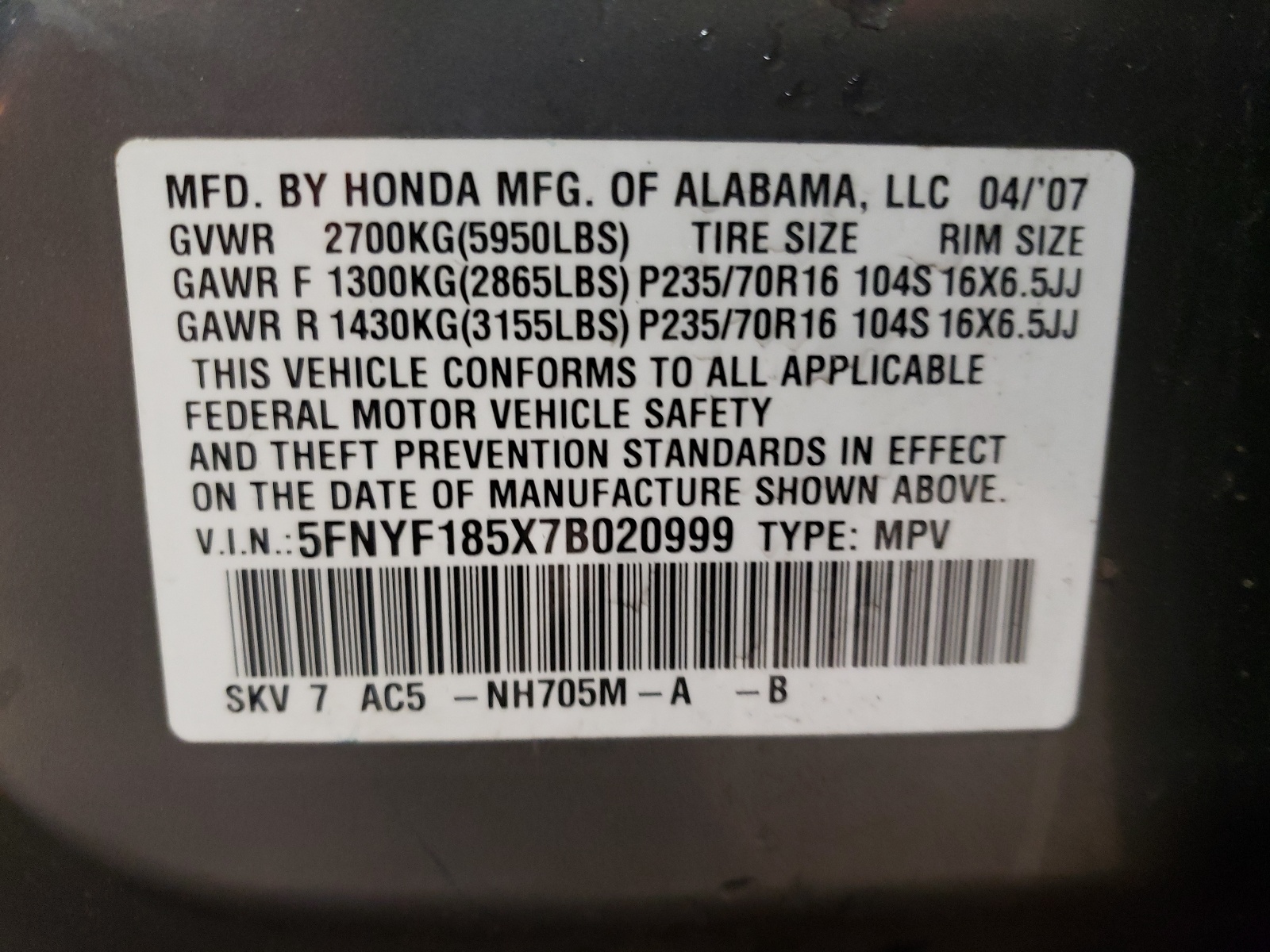 5FNYF185X7B020999 2007 Honda Pilot Exl