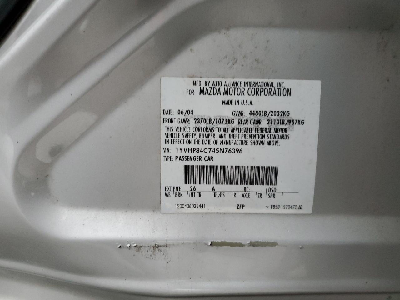 2004 Mazda 6 I VIN: 1YVHP84C745N76396 Lot: 48291664