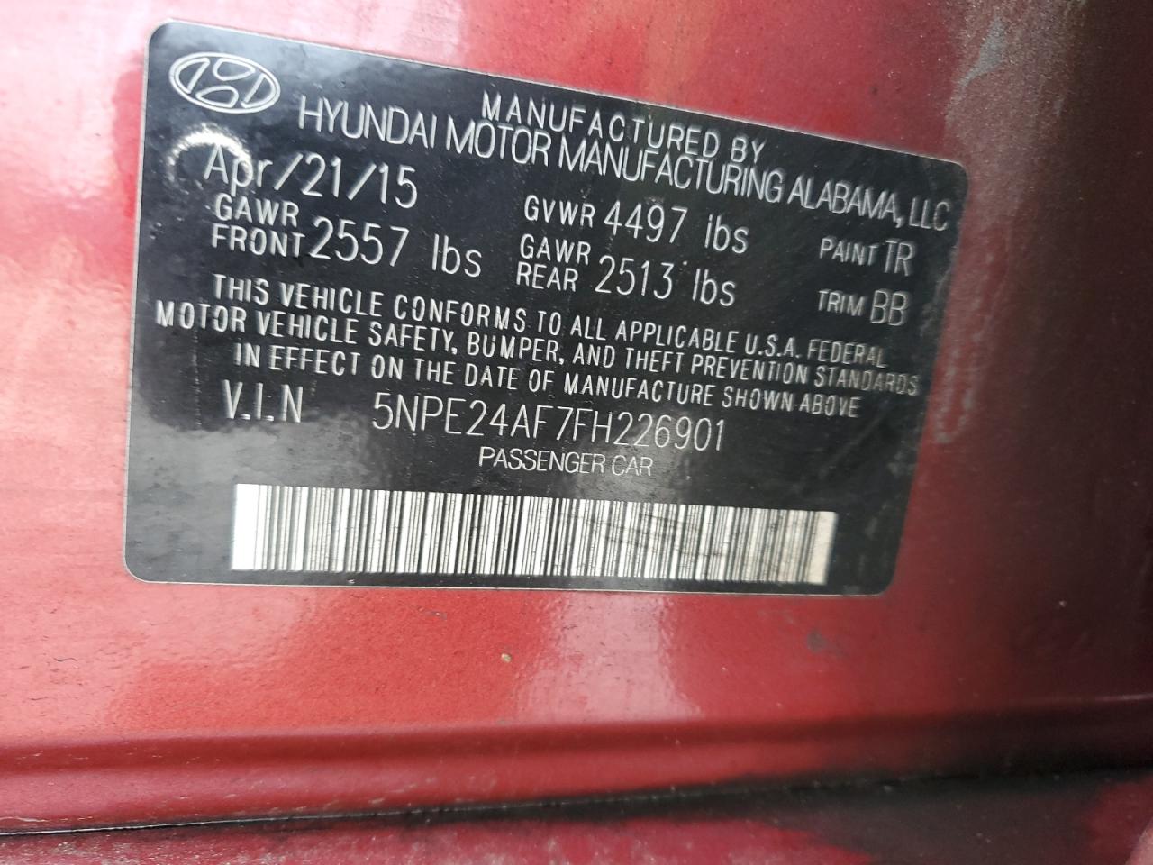 2015 Hyundai Sonata Se VIN: 5NPE24AF7FH226901 Lot: 66563034