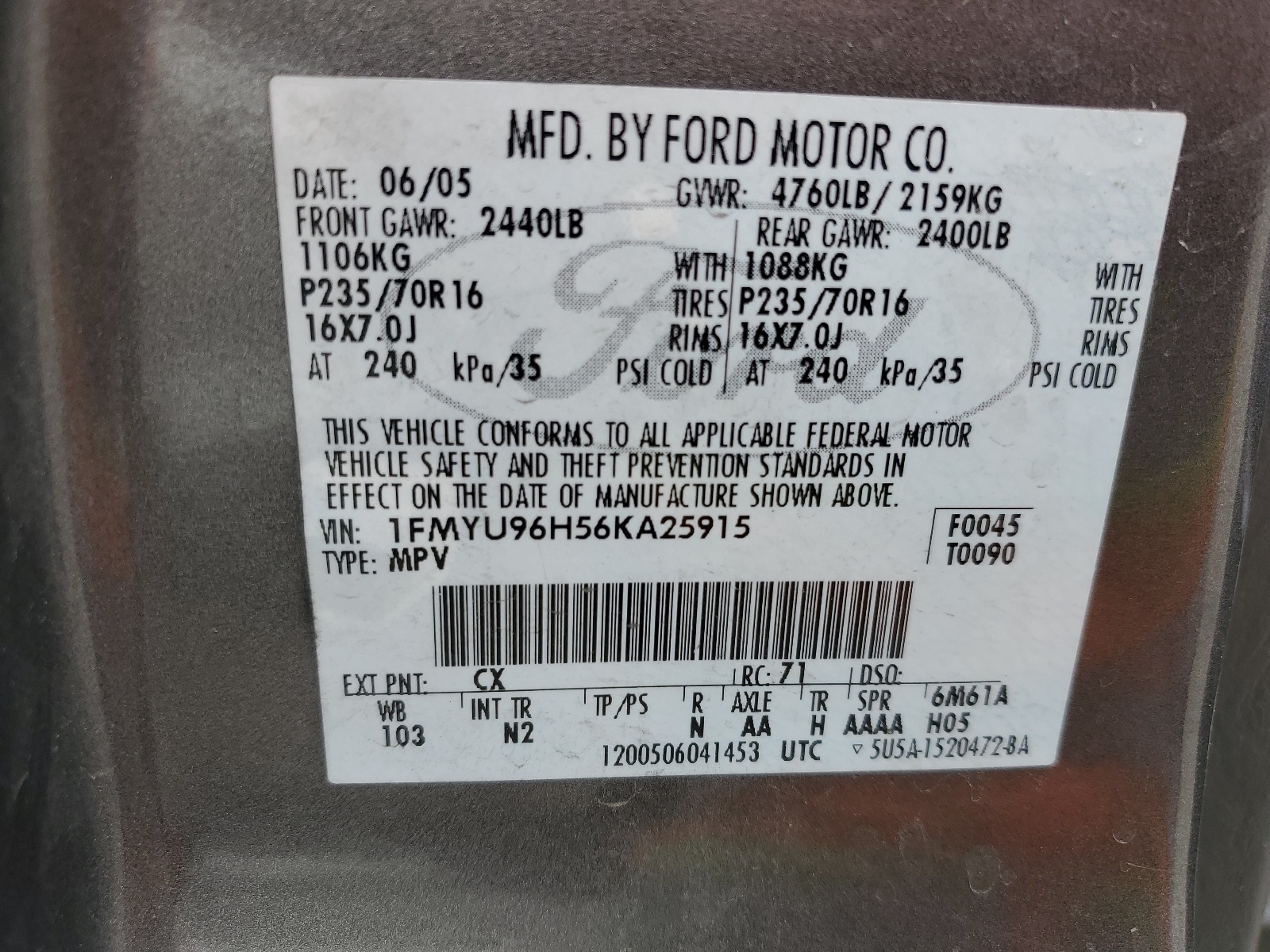 1FMYU96H56KA25915 2006 Ford Escape Hev