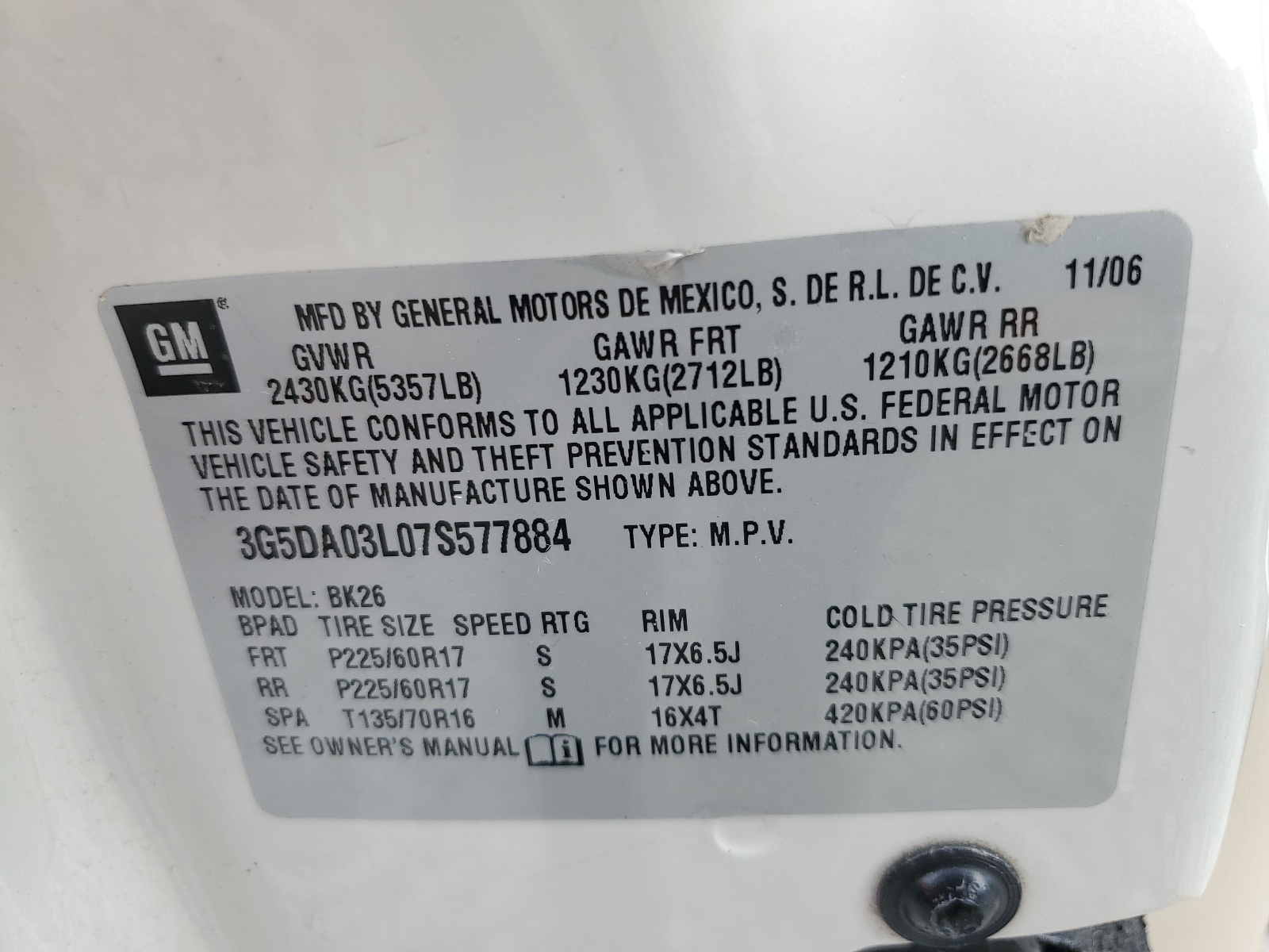 3G5DA03L07S577884 2007 Buick Rendezvous Cx