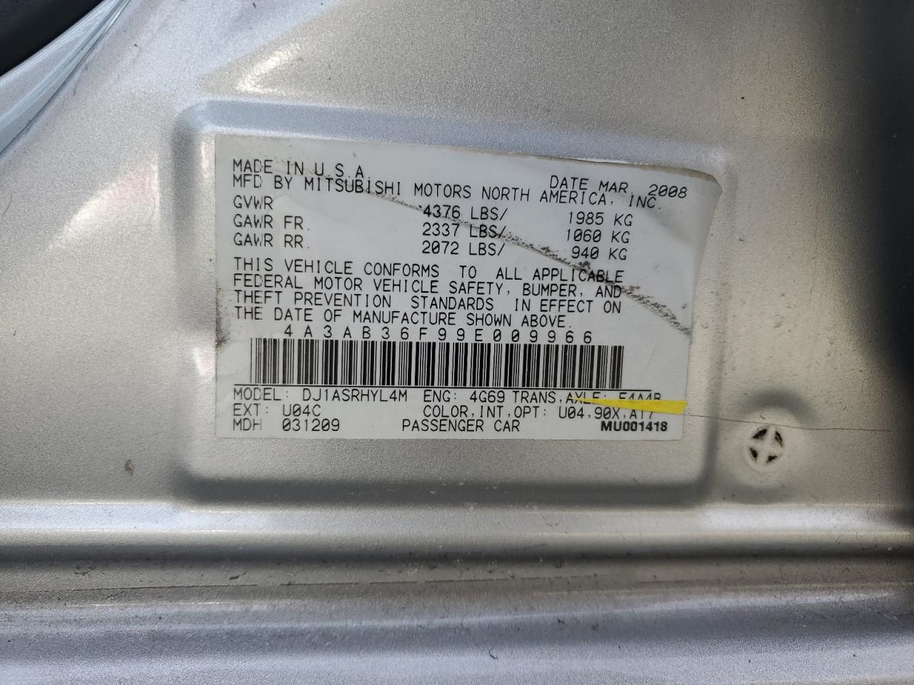 4A3AB36F99E009966 2009 Mitsubishi Galant Es