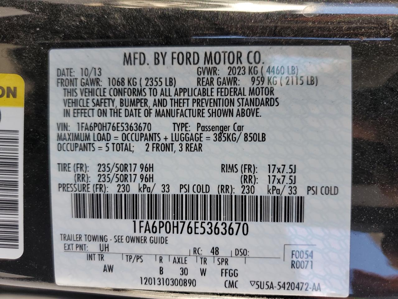 2014 Ford Fusion Se VIN: 1FA6P0H76E5363670 Lot: 48078904