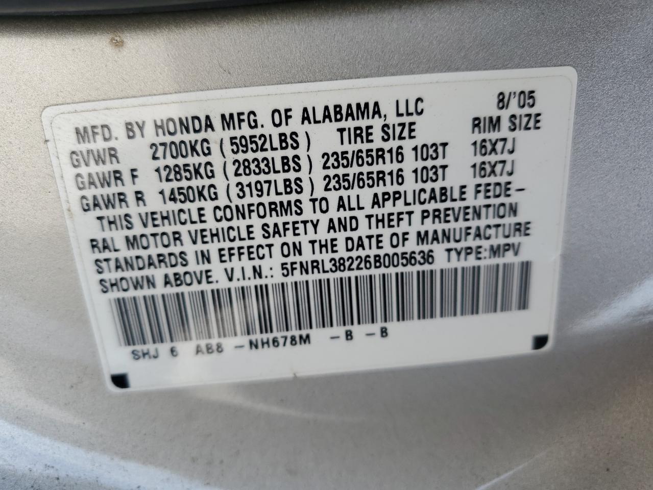 5FNRL38226B005636 2006 Honda Odyssey Lx