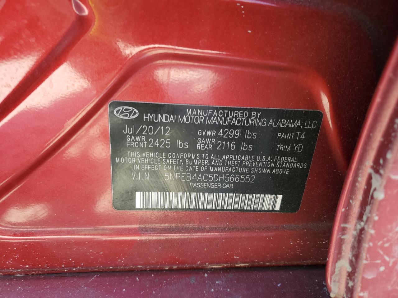 2013 Hyundai Sonata Gls VIN: 5NPEB4AC5DH566552 Lot: 46812204