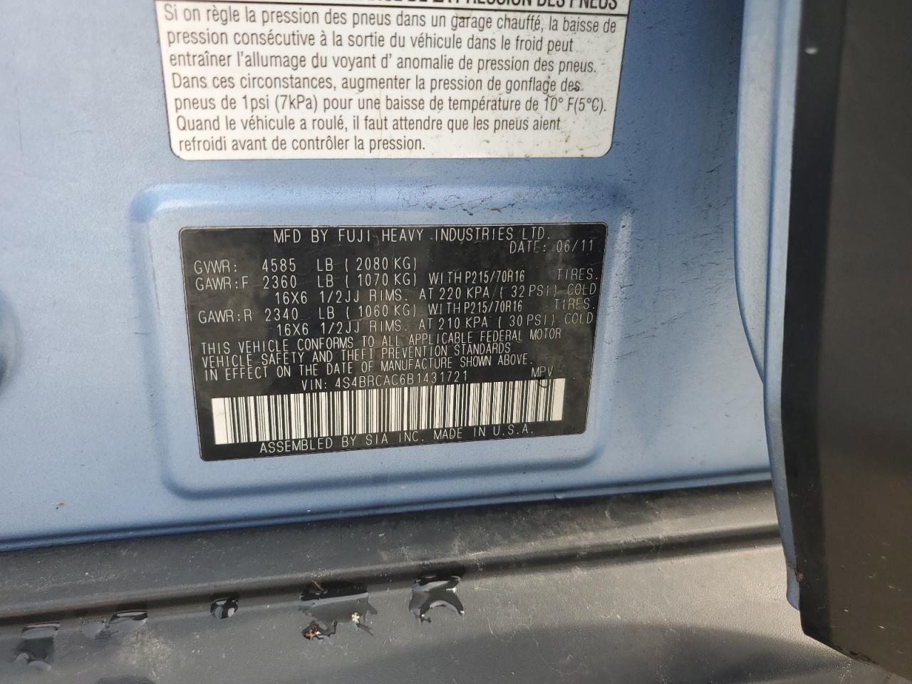 2011 Subaru Outback 2.5I VIN: 4S4BRCAC6B1431721 Lot: 46868714