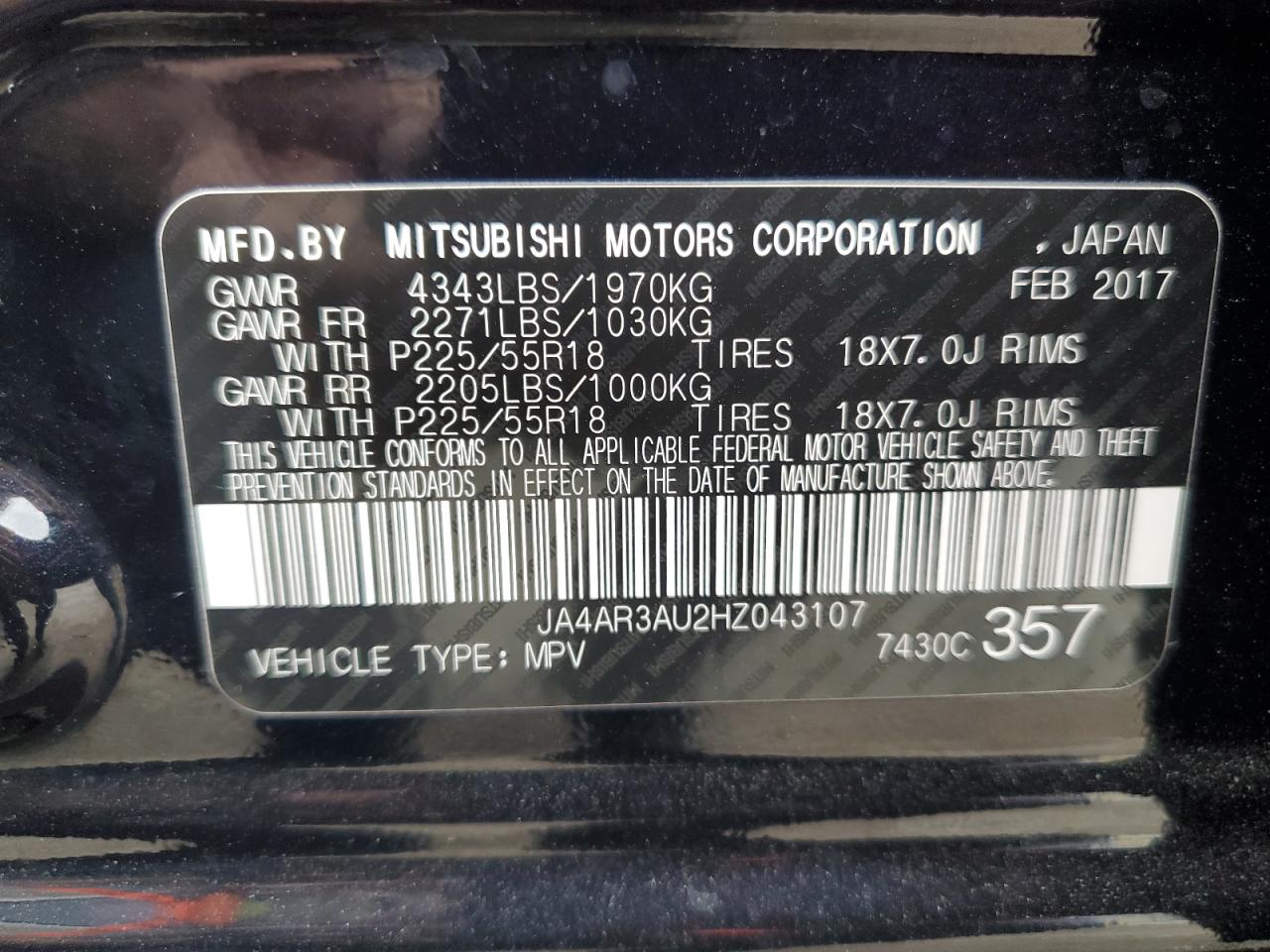 2017 Mitsubishi Outlander Sport Es VIN: JA4AR3AU2HZ043107 Lot: 47208114