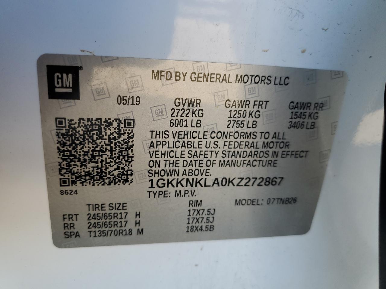 1GKKNKLA0KZ272867 2019 GMC Acadia Sle