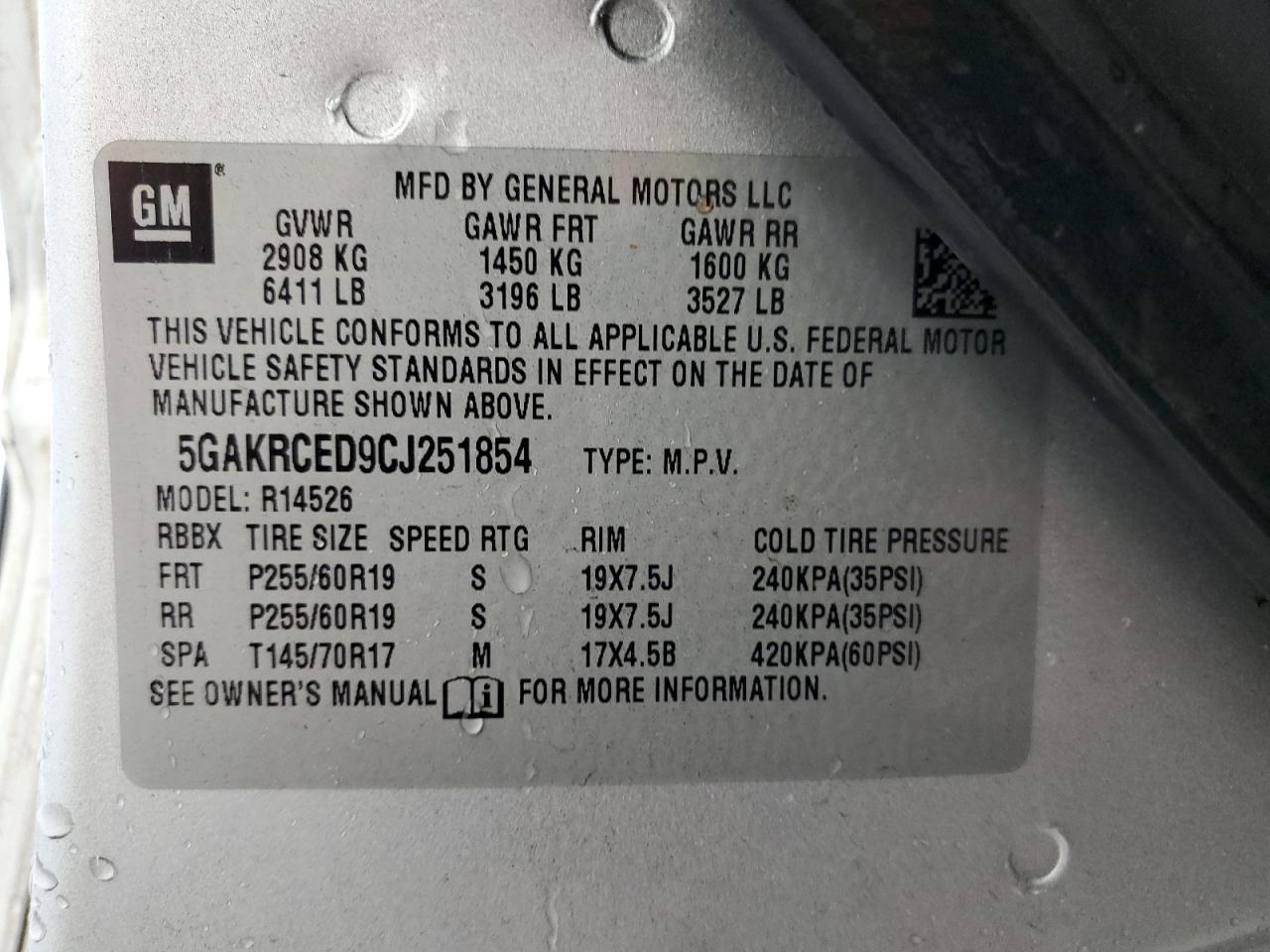 2012 Buick Enclave VIN: 5GAKRCED9CJ251854 Lot: 45773174