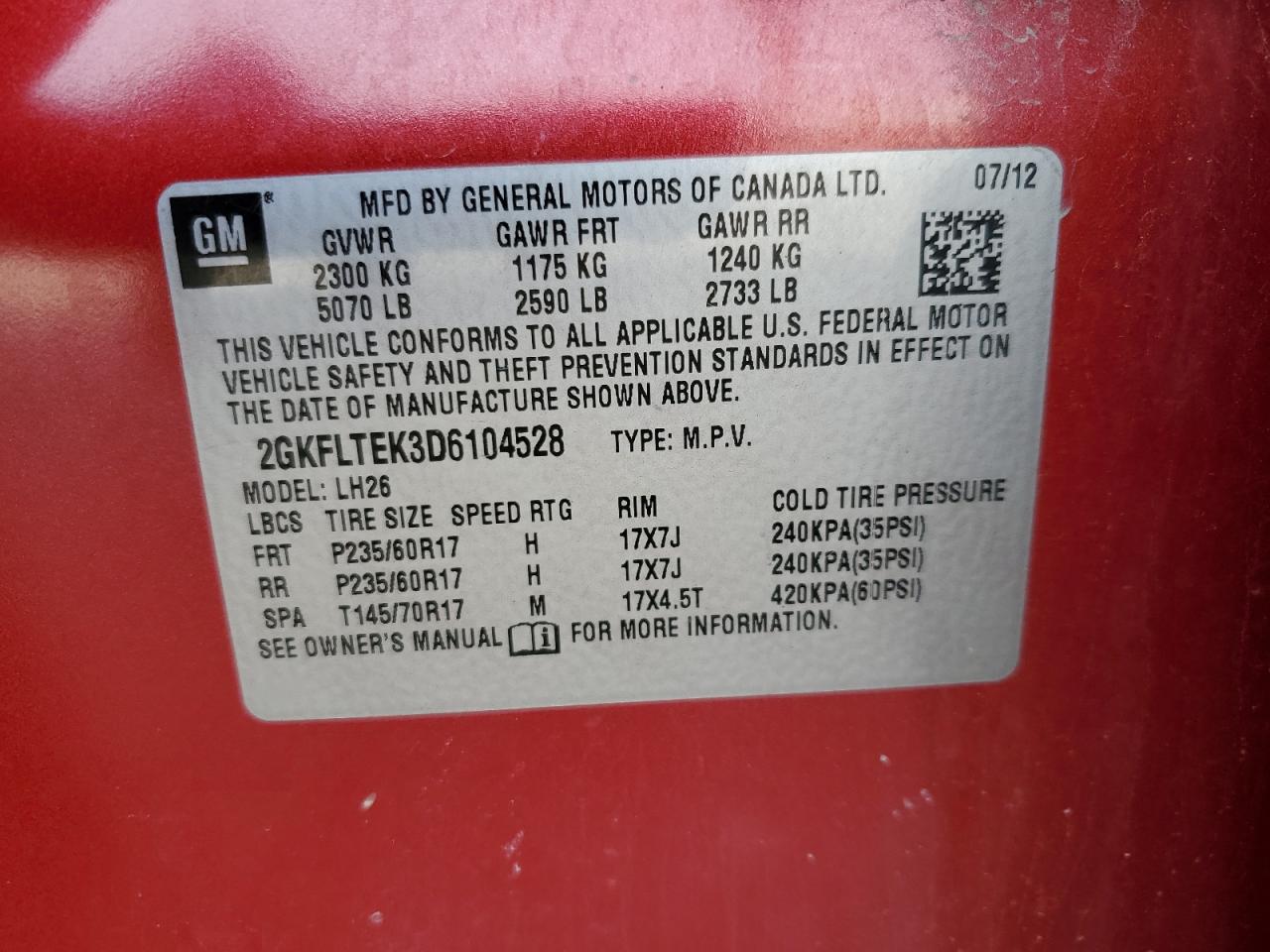 2013 GMC Terrain Sle VIN: 2GKFLTEK3D6104528 Lot: 47745744