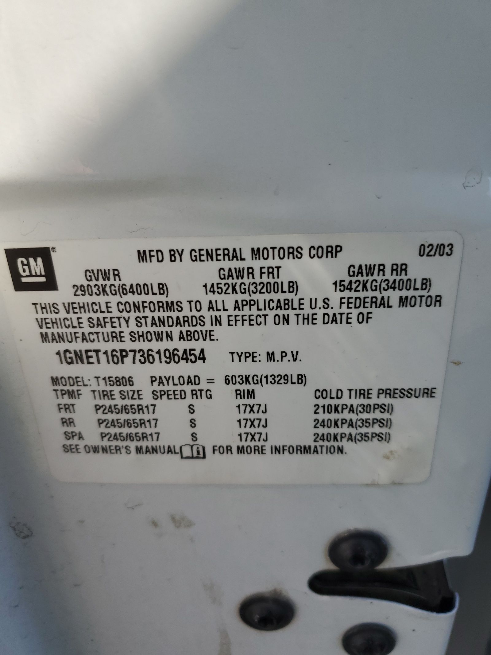 1GNET16P736196454 2003 Chevrolet Trailblazer Ext