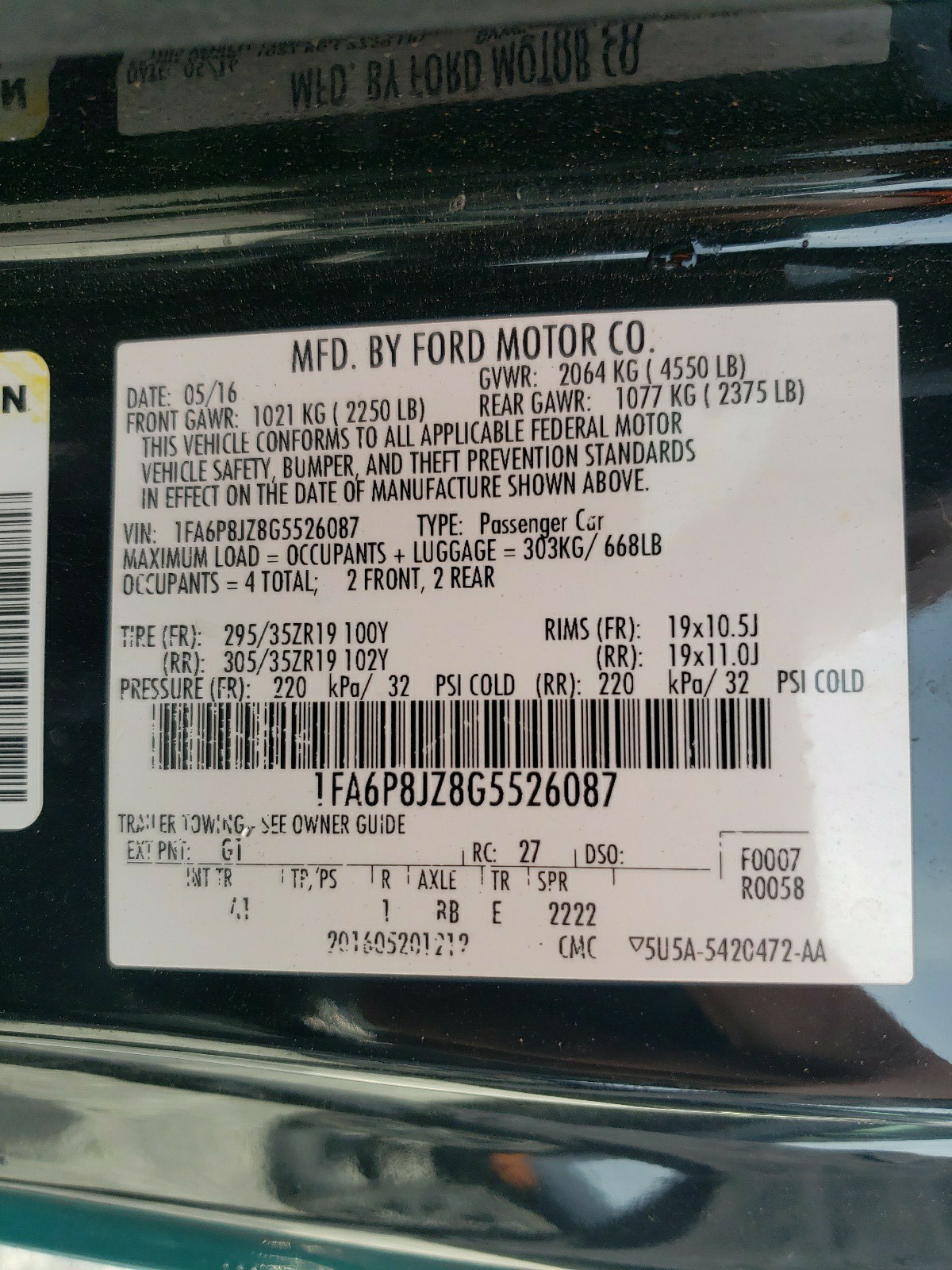 1FA6P8JZ8G5526087 2016 Ford Mustang Shelby Gt350