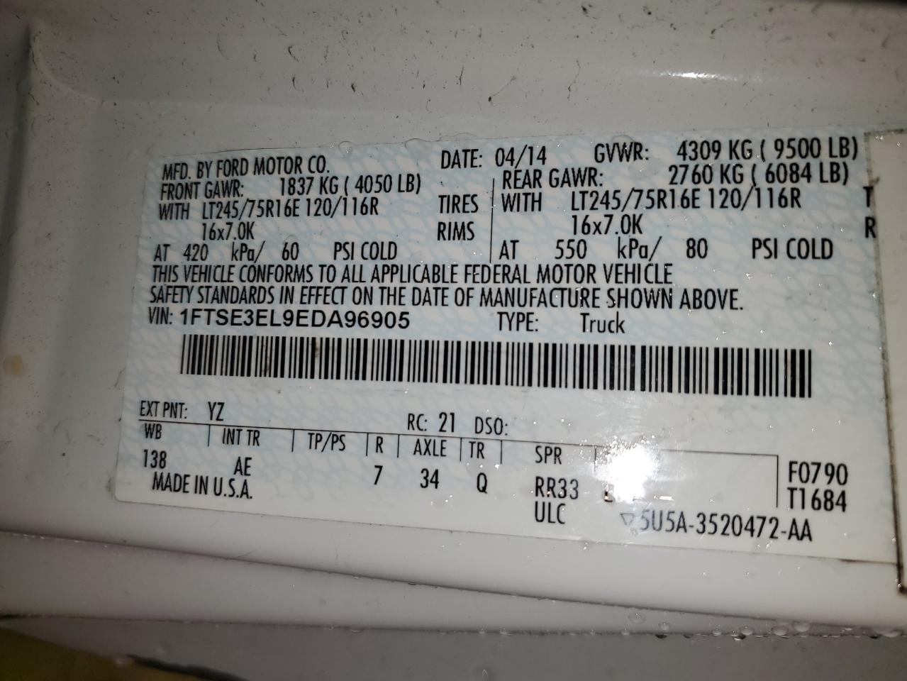 2014 Ford Econoline E350 Super Duty Van VIN: 1FTSE3EL9EDA96905 Lot: 48425474