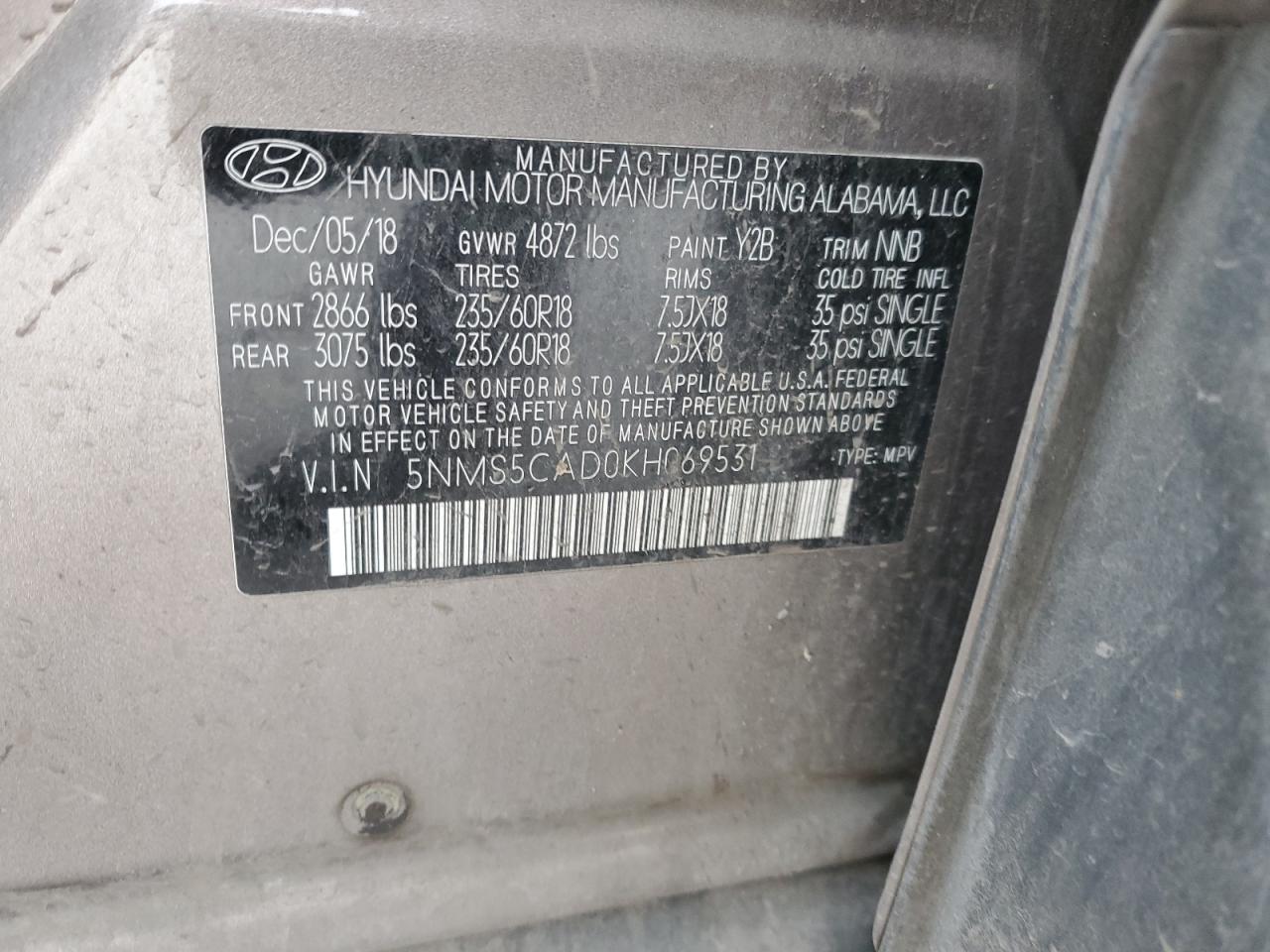 5NMS5CAD0KH069531 2019 Hyundai Santa Fe Limited