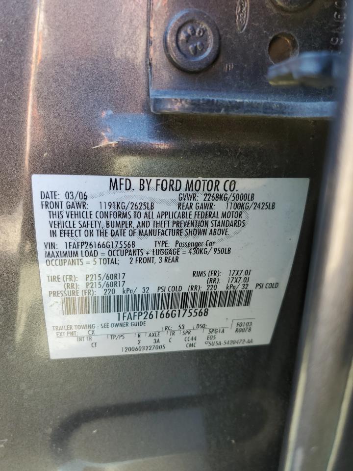 2006 Ford Five Hundred Se VIN: 1FAFP26166G175568 Lot: 47425074