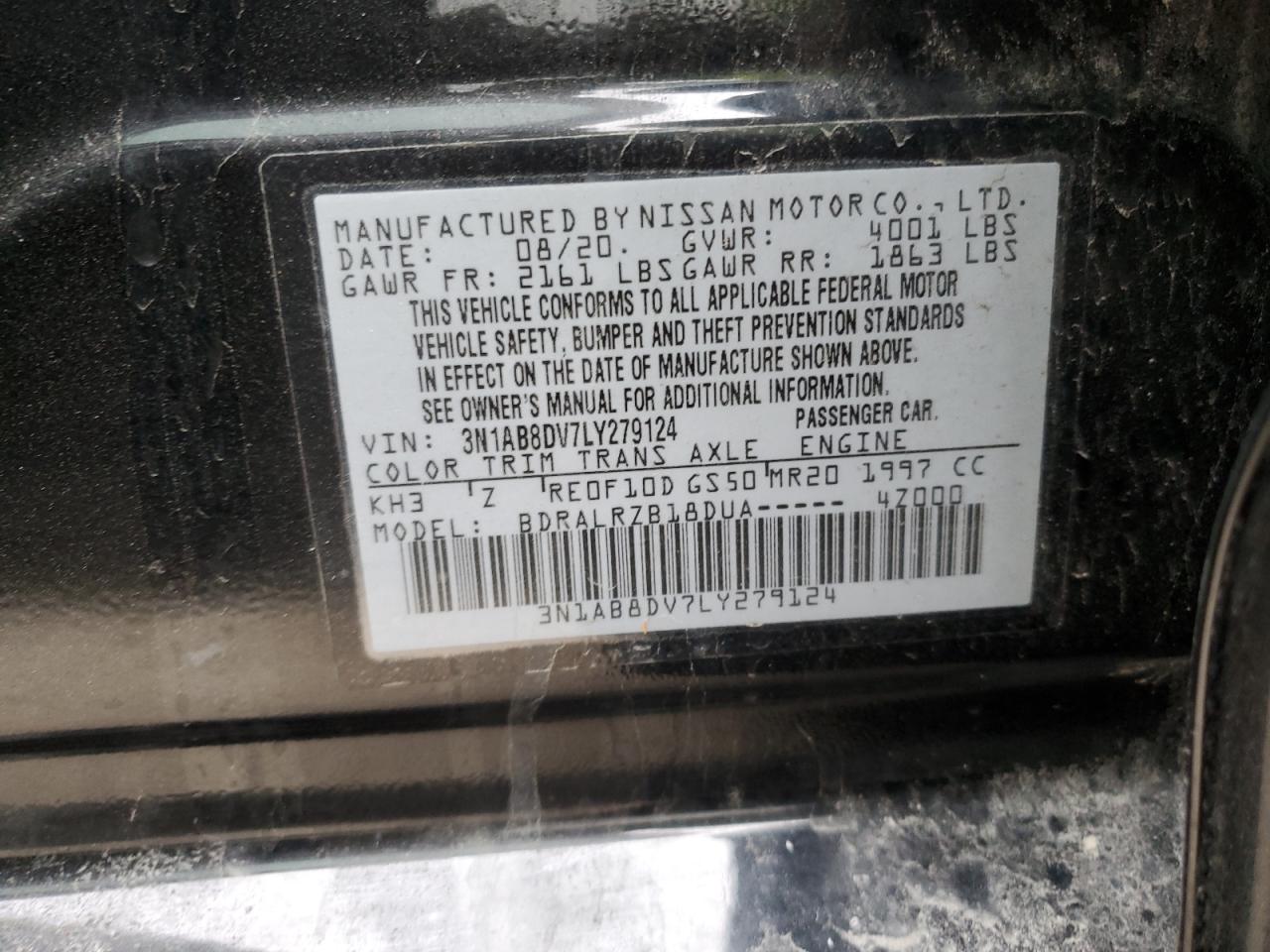 2020 Nissan Sentra Sr VIN: 3N1AB8DV7LY279124 Lot: 45247894