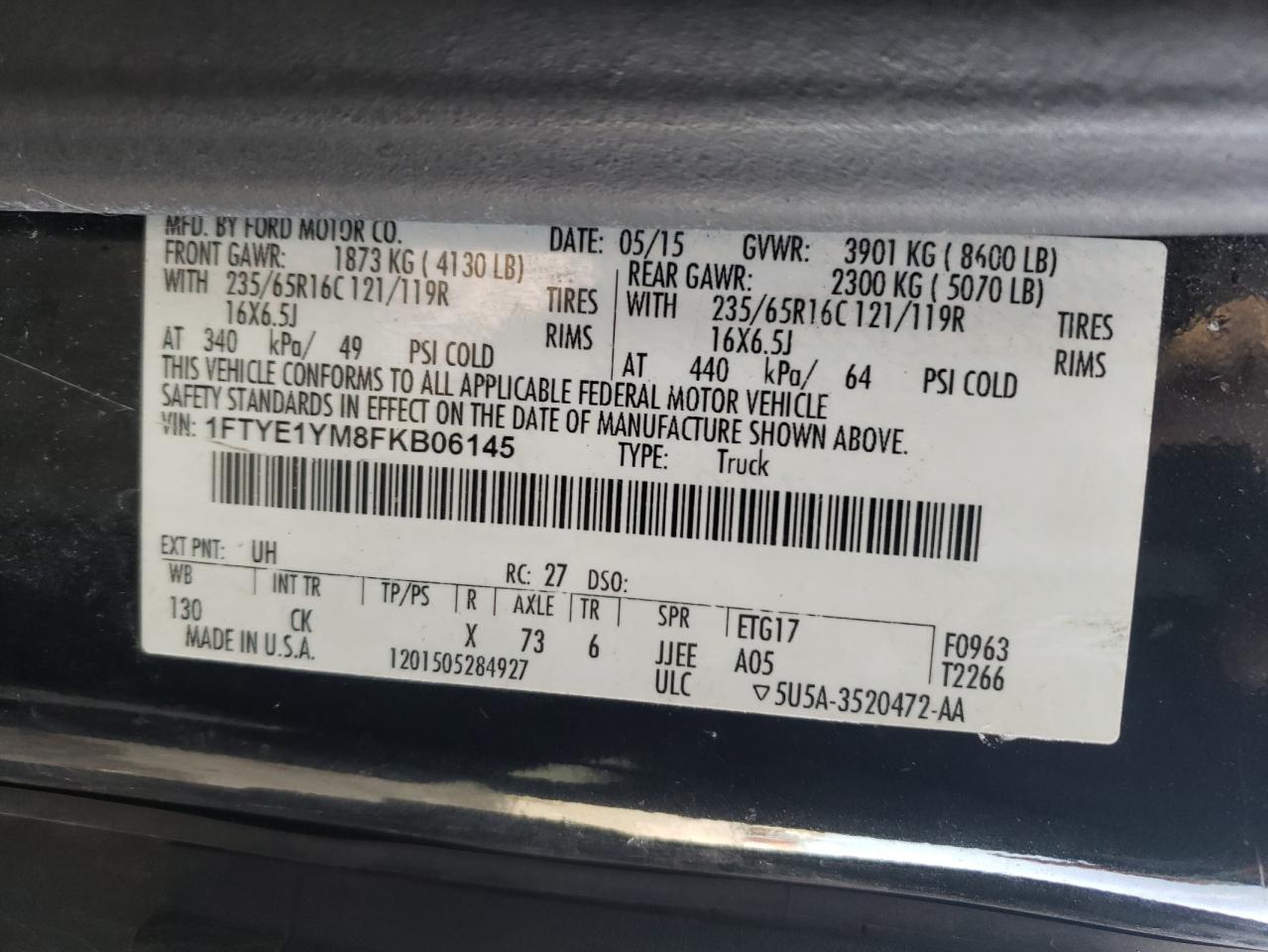 2015 Ford Transit T-150 VIN: 1FTYE1YM8FKB06145 Lot: 65297805