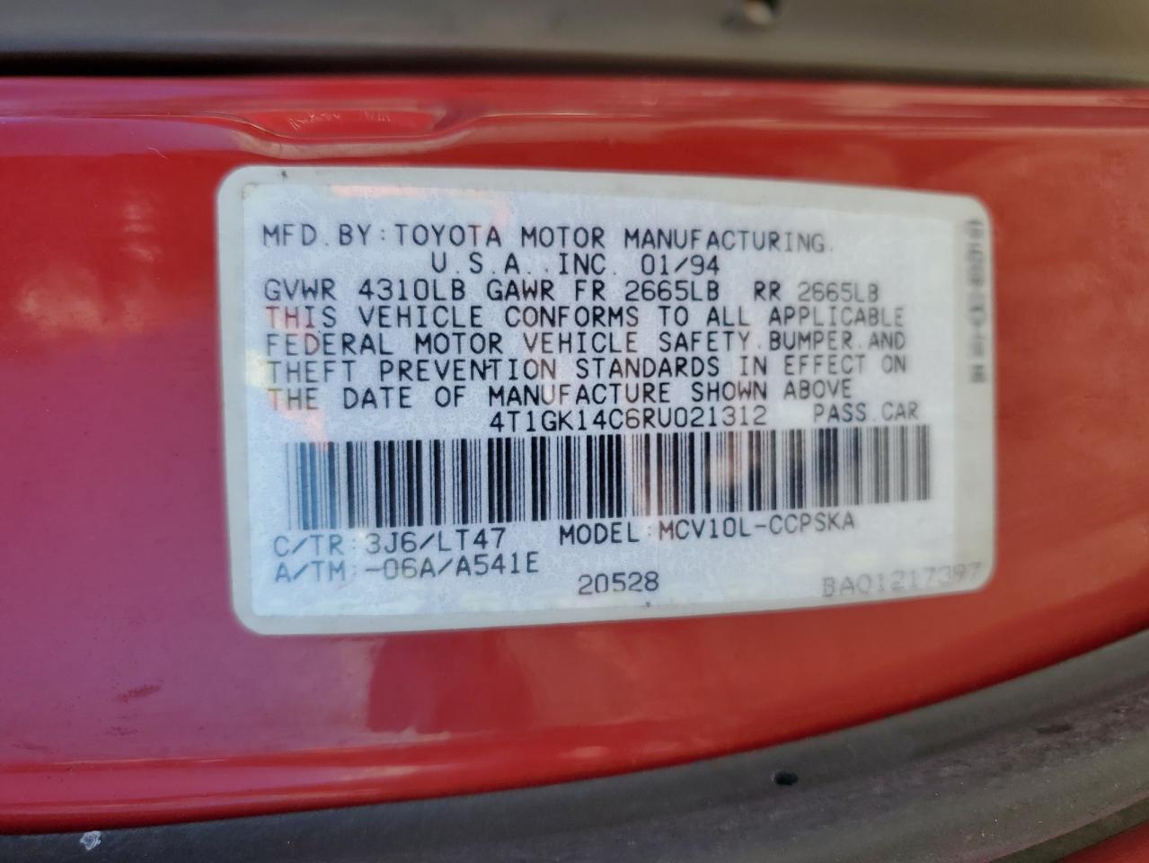 1994 Toyota Camry Se VIN: 4T1GK14C6RU021312 Lot: 64276884