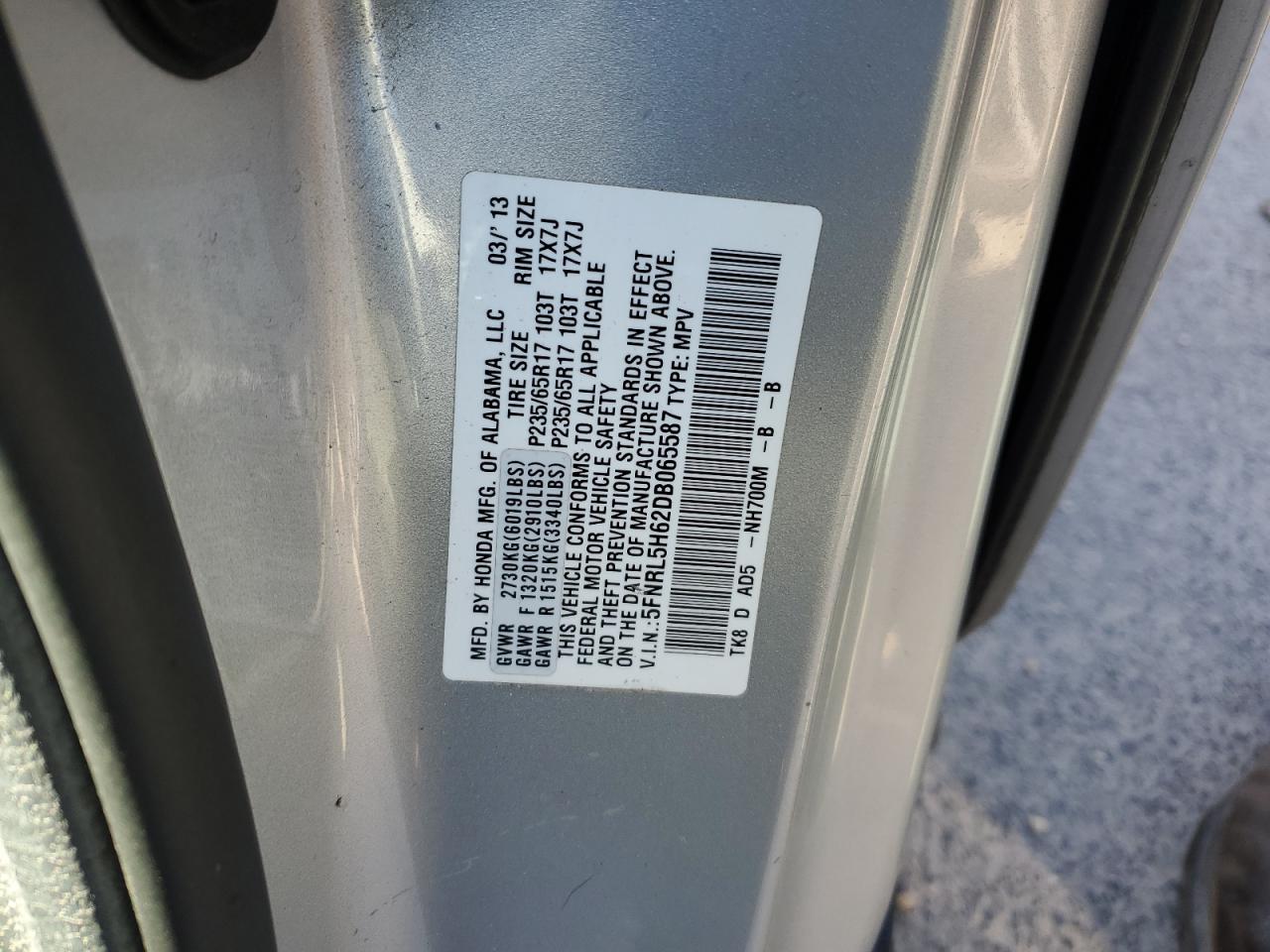 5FNRL5H62DB065587 2013 Honda Odyssey Exl