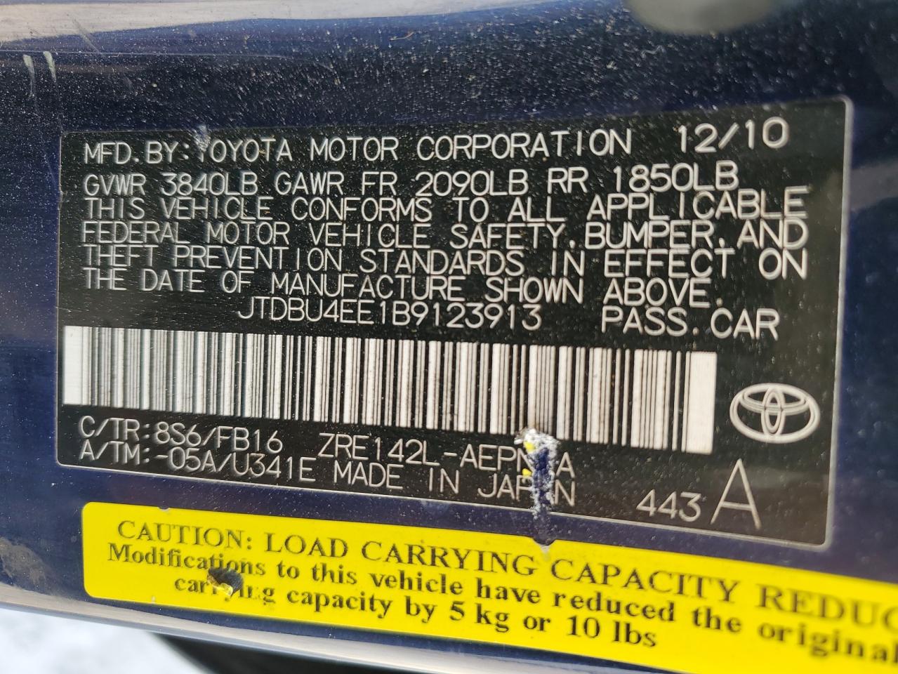 2011 Toyota Corolla Base VIN: JTDBU4EE1B9123913 Lot: 48420714