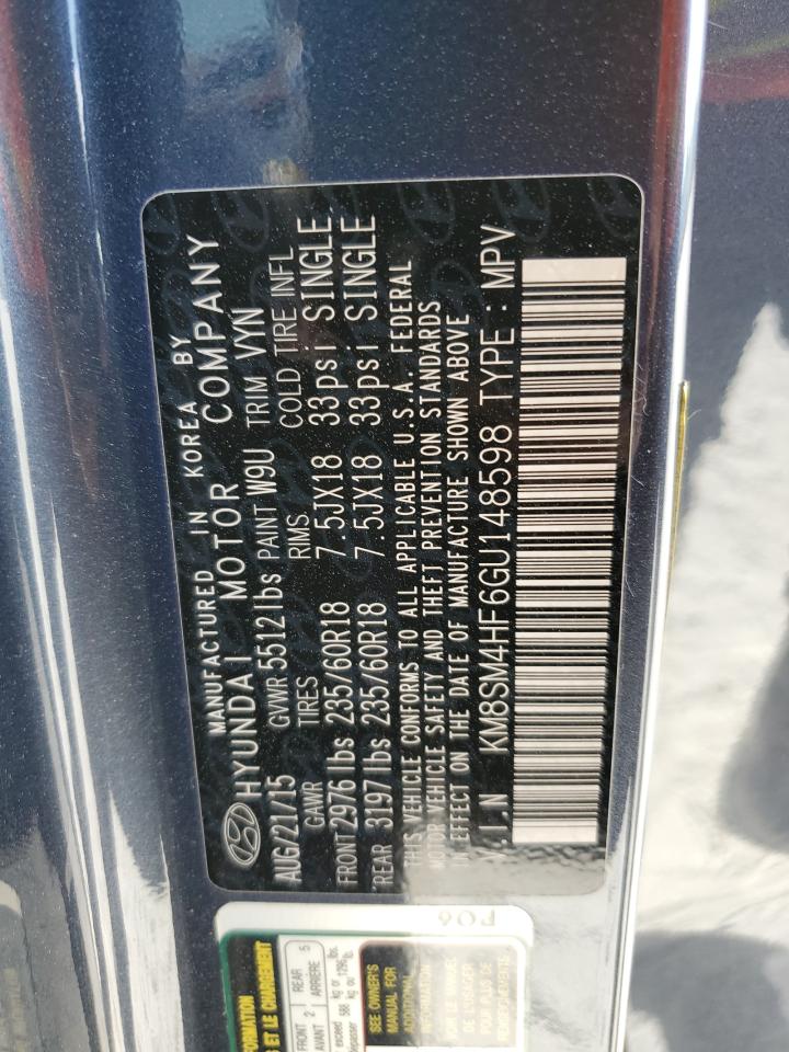 2016 Hyundai Santa Fe Se VIN: KM8SM4HF6GU148598 Lot: 48579344