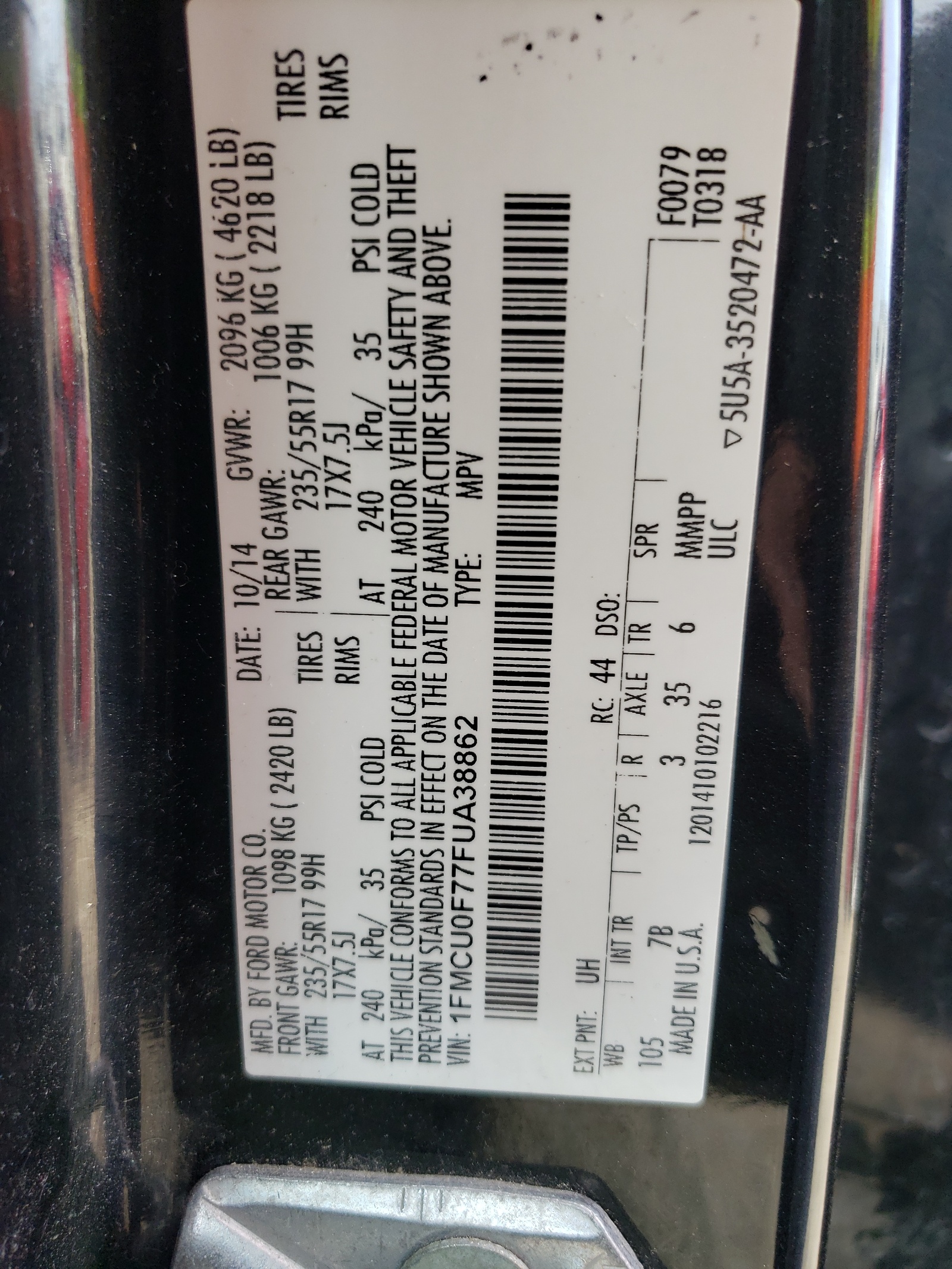 1FMCU0F77FUA38862 2015 Ford Escape S