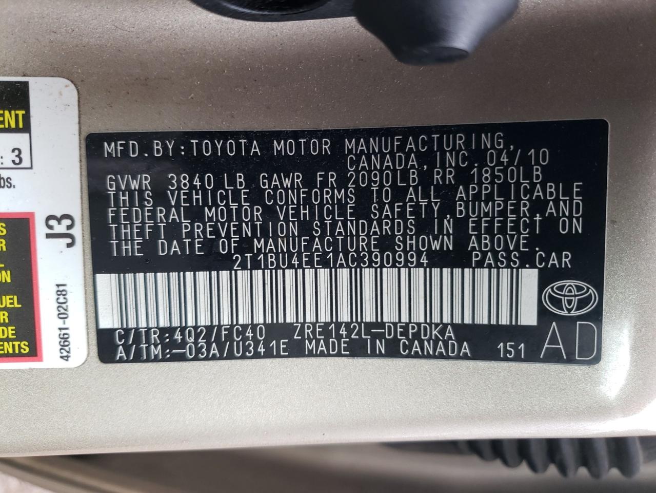 2T1BU4EE1AC390994 2010 Toyota Corolla Base