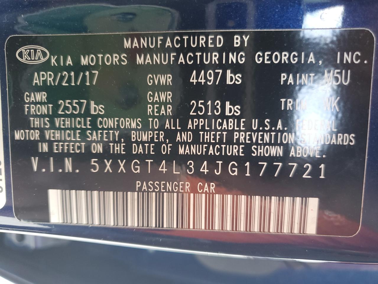 2018 Kia Optima Lx VIN: 5XXGT4L34JG177721 Lot: 47232124