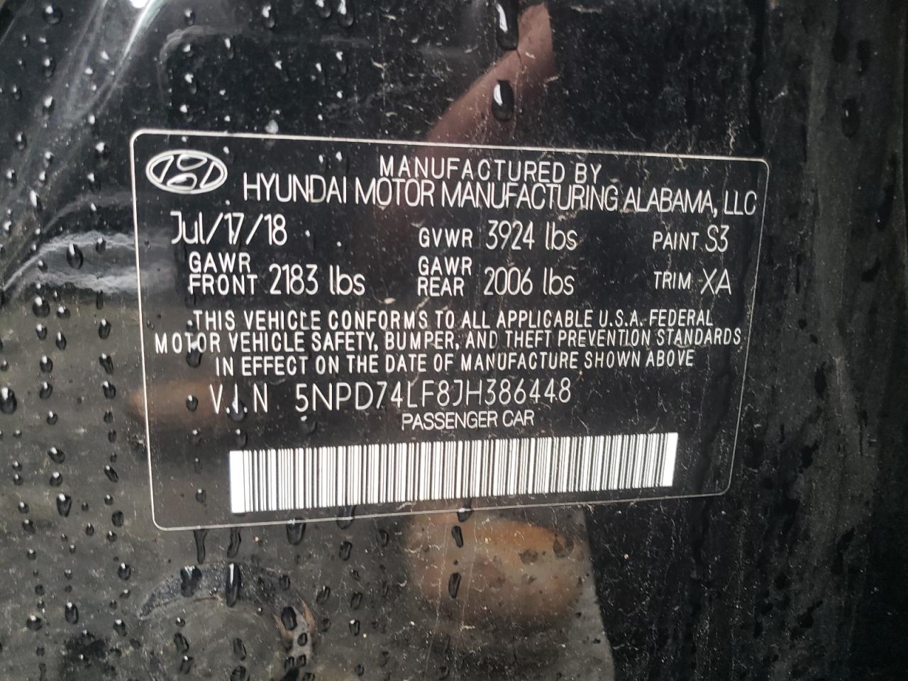 5NPD74LF8JH386448 2018 Hyundai Elantra Se