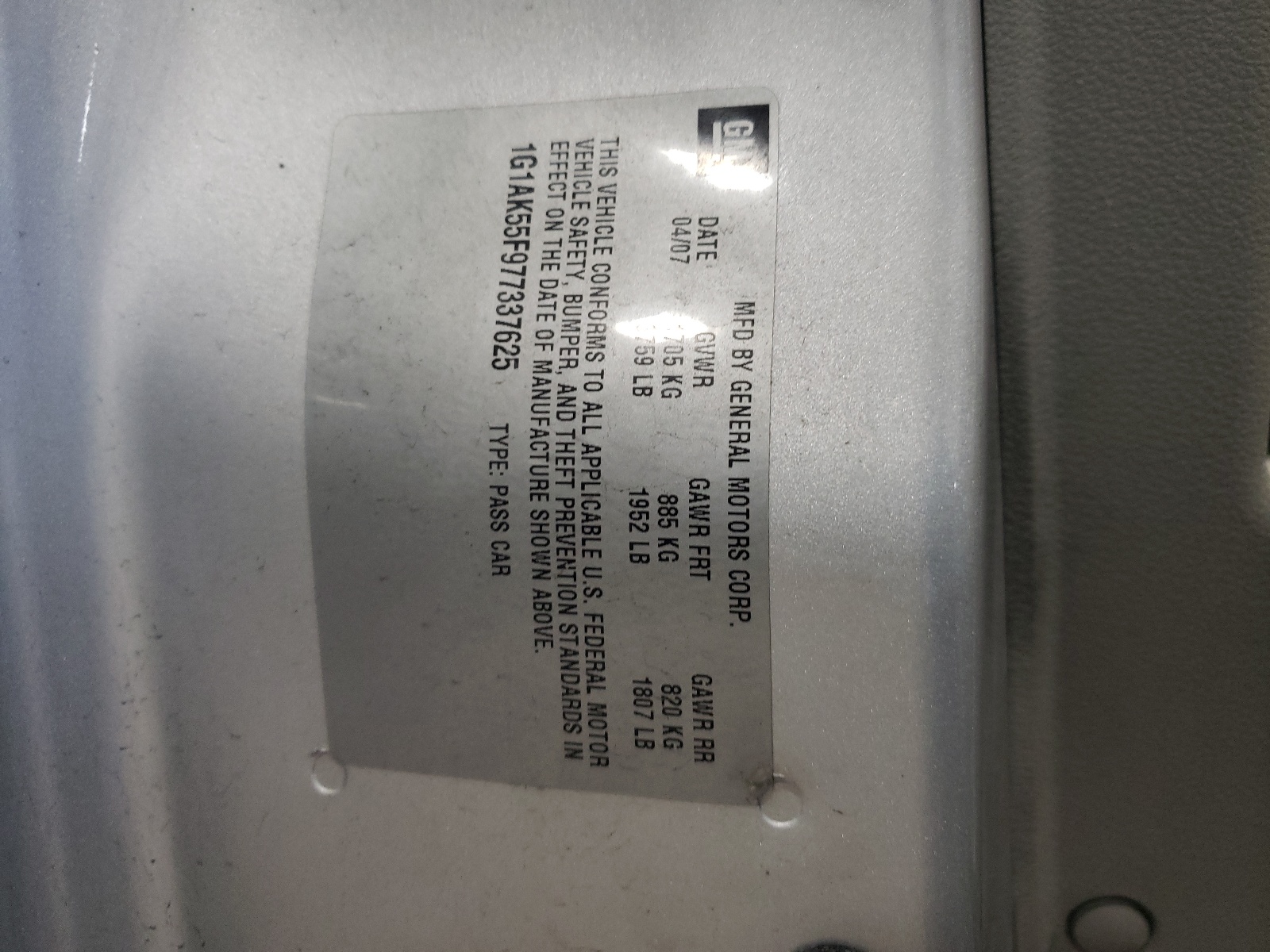 1G1AK55F977337625 2007 Chevrolet Cobalt Ls