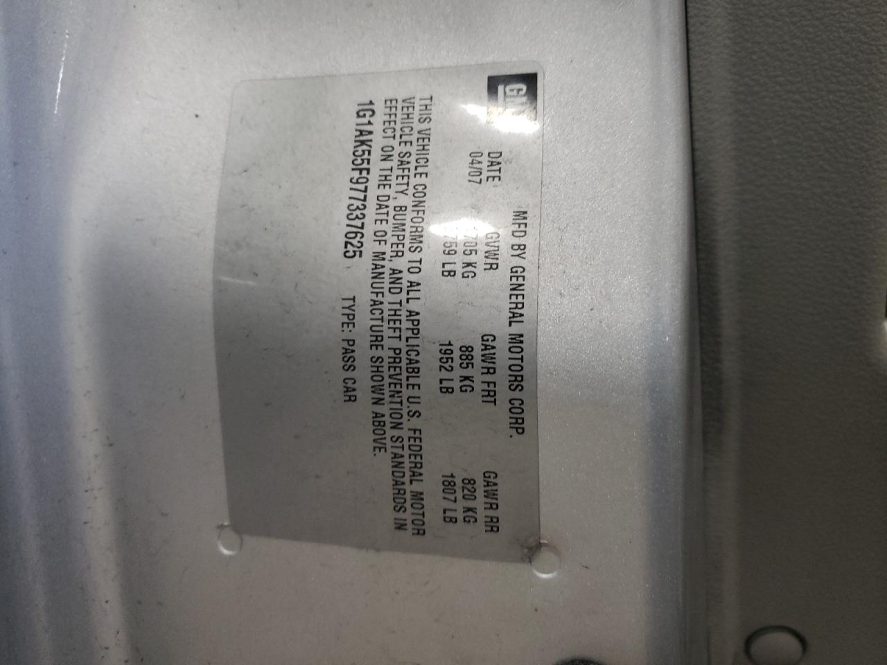 2007 Chevrolet Cobalt Ls VIN: 1G1AK55F977337625 Lot: 46192004