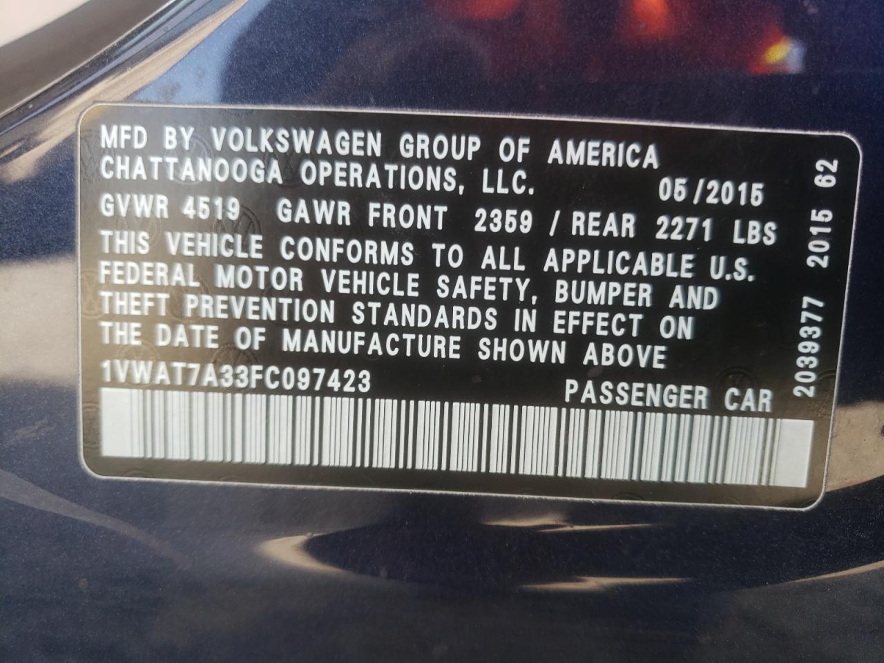 1VWAT7A33FC097423 2015 Volkswagen Passat S