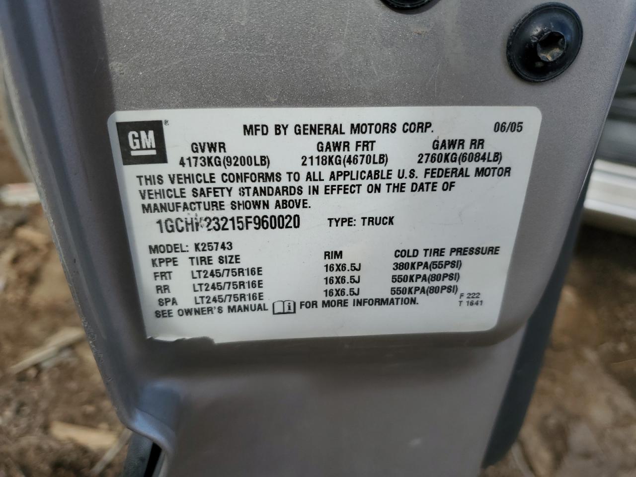 2005 Chevrolet Silverado K2500 Heavy Duty VIN: 1GCHK23215F960020 Lot: 47660695