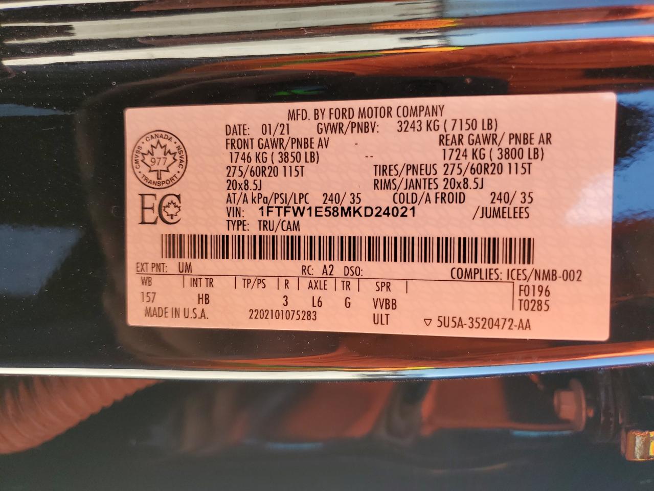 1FTFW1E58MKD24021 FORD F-150 2021